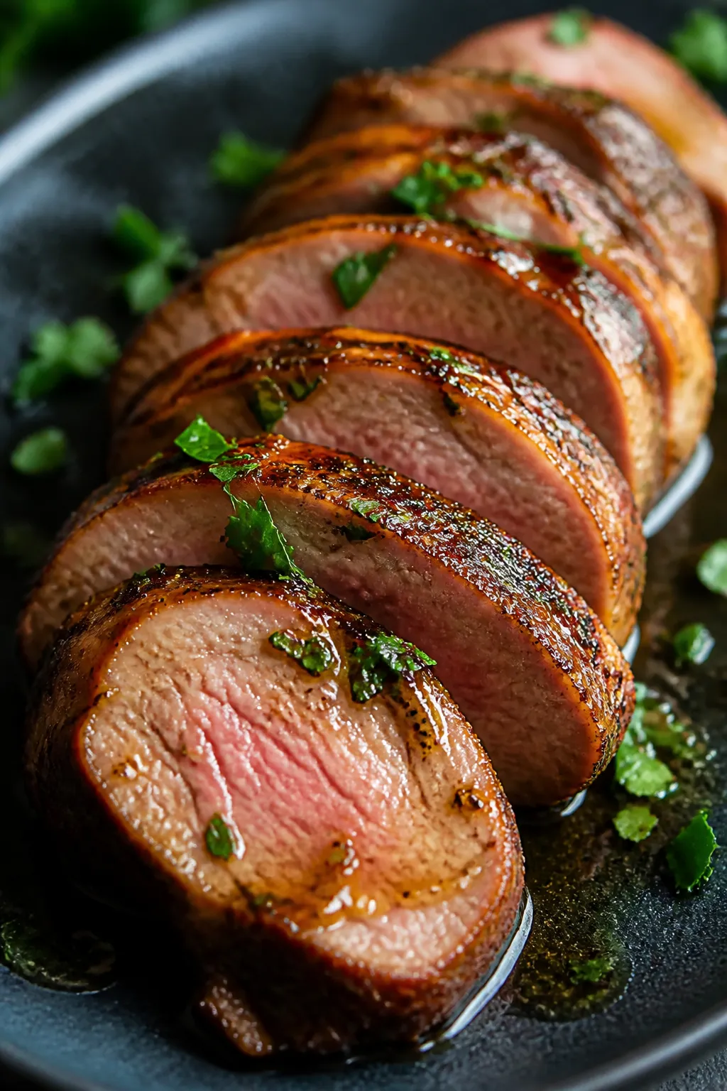 Close-up detail: Sliced crack pork tenderloin medallions just after resting, showing a juicy blush-p