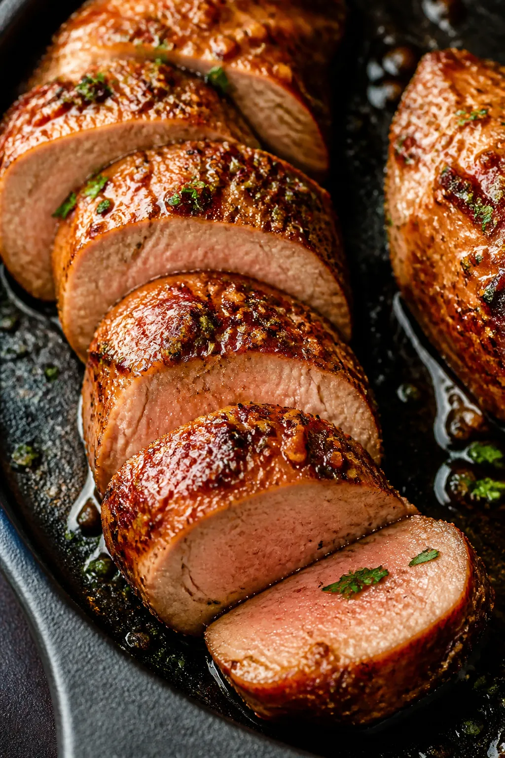 Close-up detail: Sliced garlic brown sugar pork tenderloin medallions just after resting, showing a 