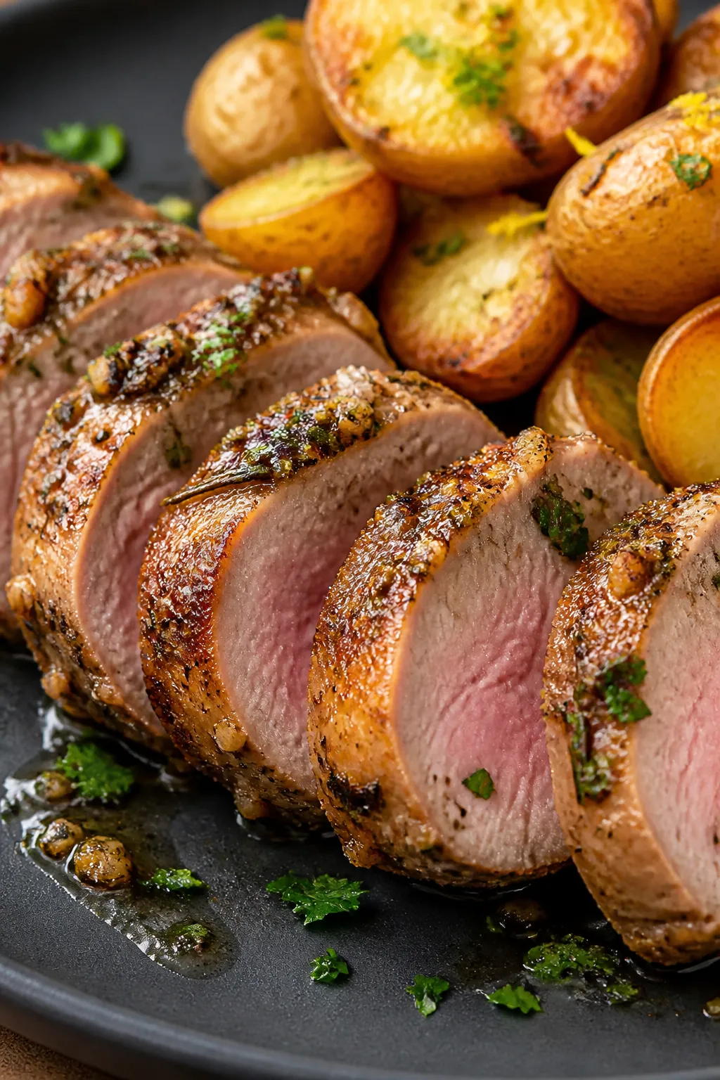 Close-up detail: Sliced garlic butter pork tenderloin medallions just after resting, showing a rosy-