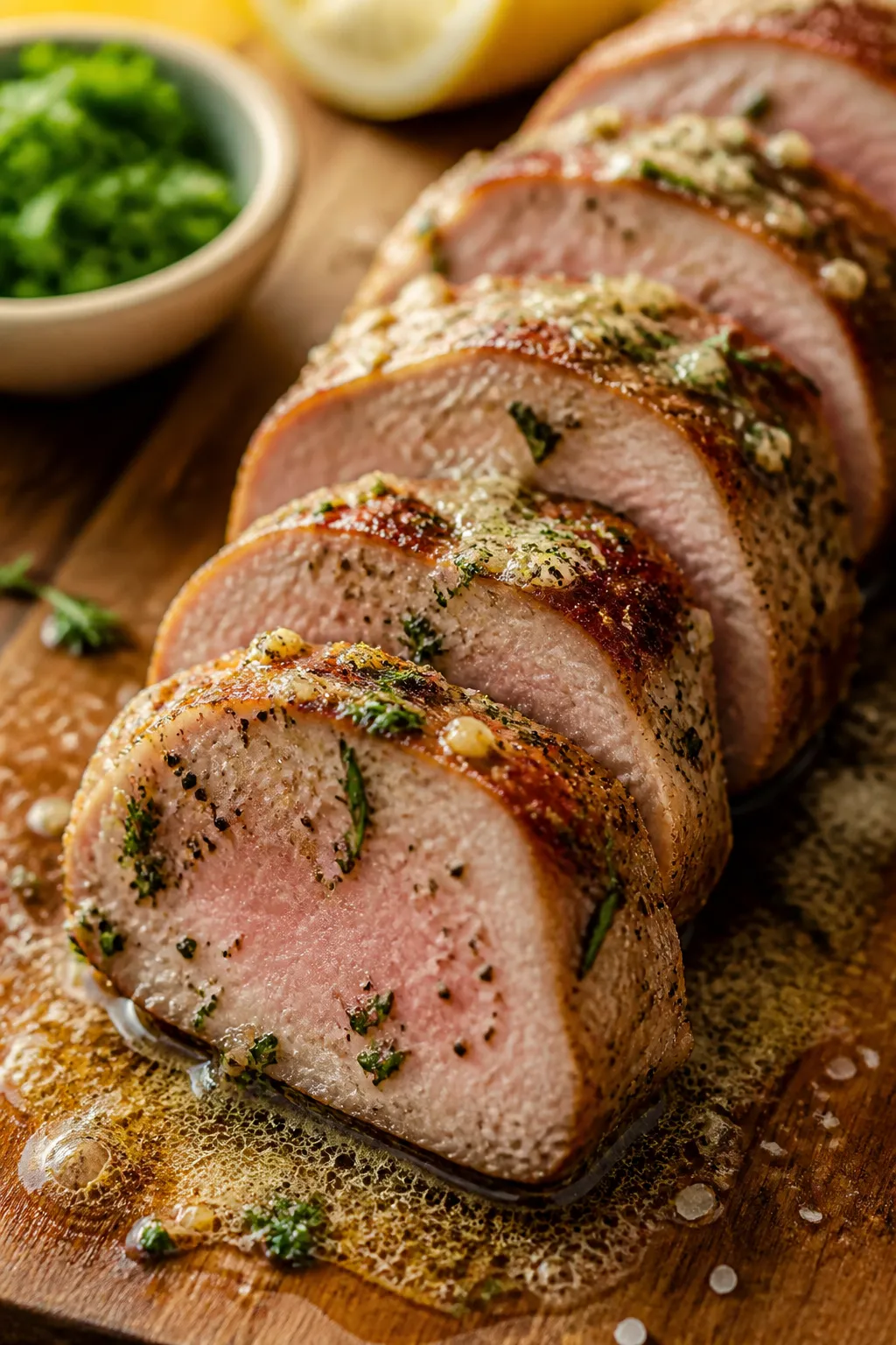 Close-up detail: Sliced garlic butter pork tenderloin on a cutting board, 1/2-inch medallions gliste