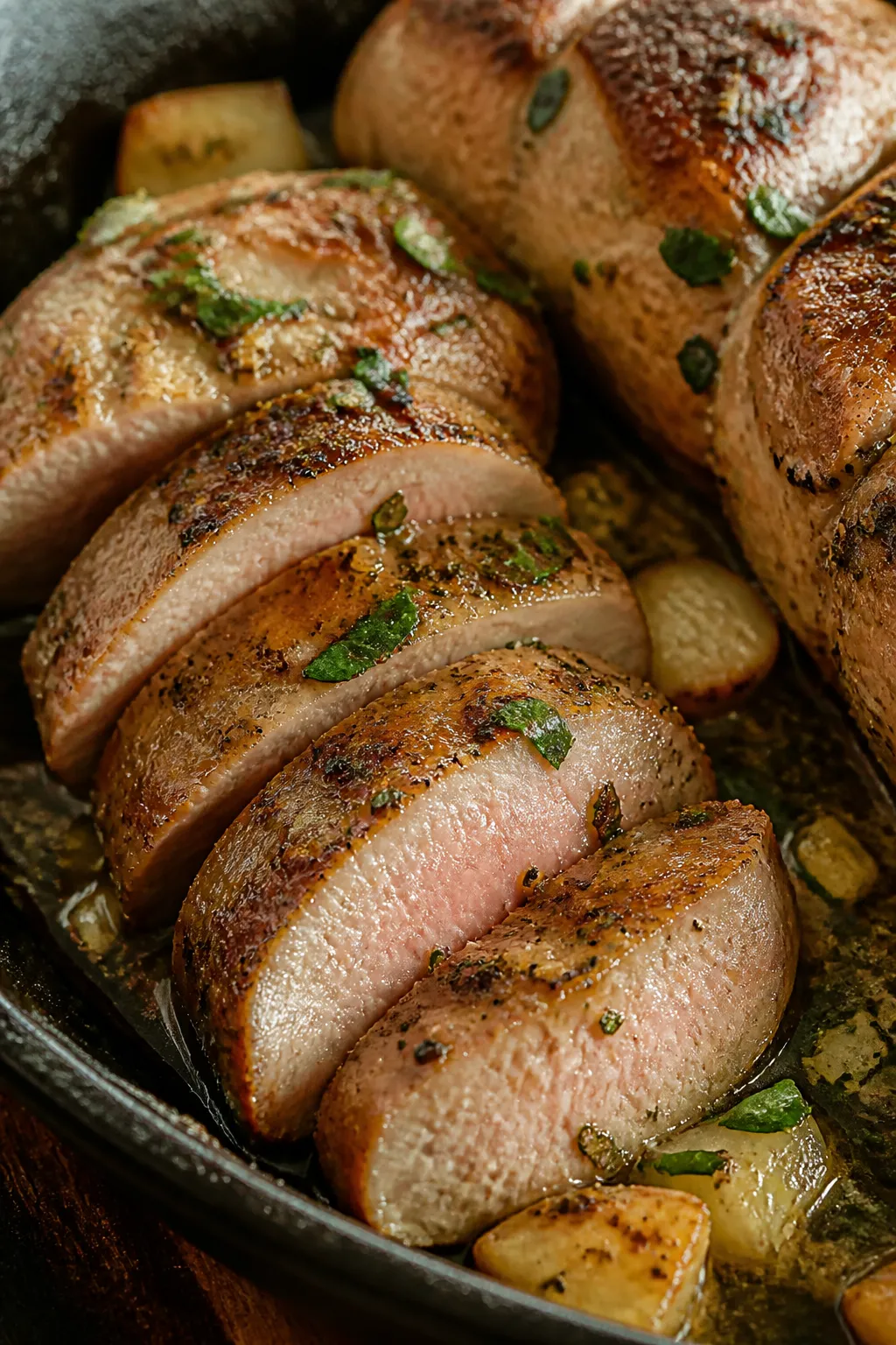 Close-up detail: Sliced garlic butter ranch pork tenderloin medallions just after resting, glistenin