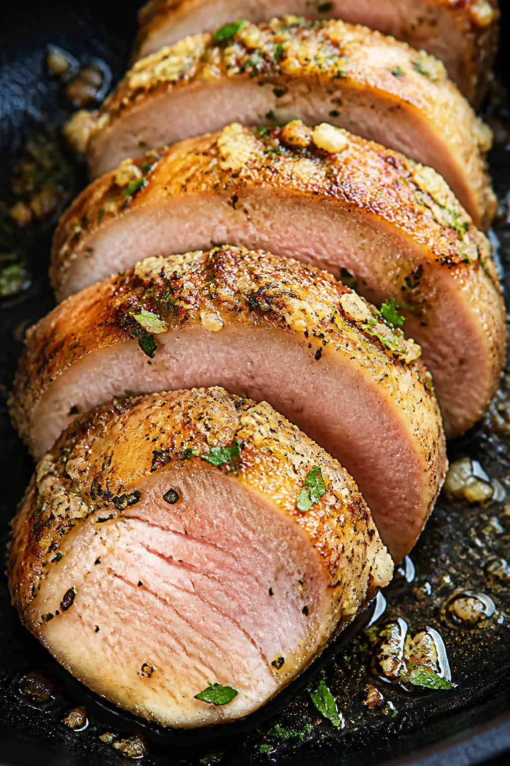 Close-up detail: Sliced garlic-Parmesan pork tenderloin medallions just after resting, showing a gol