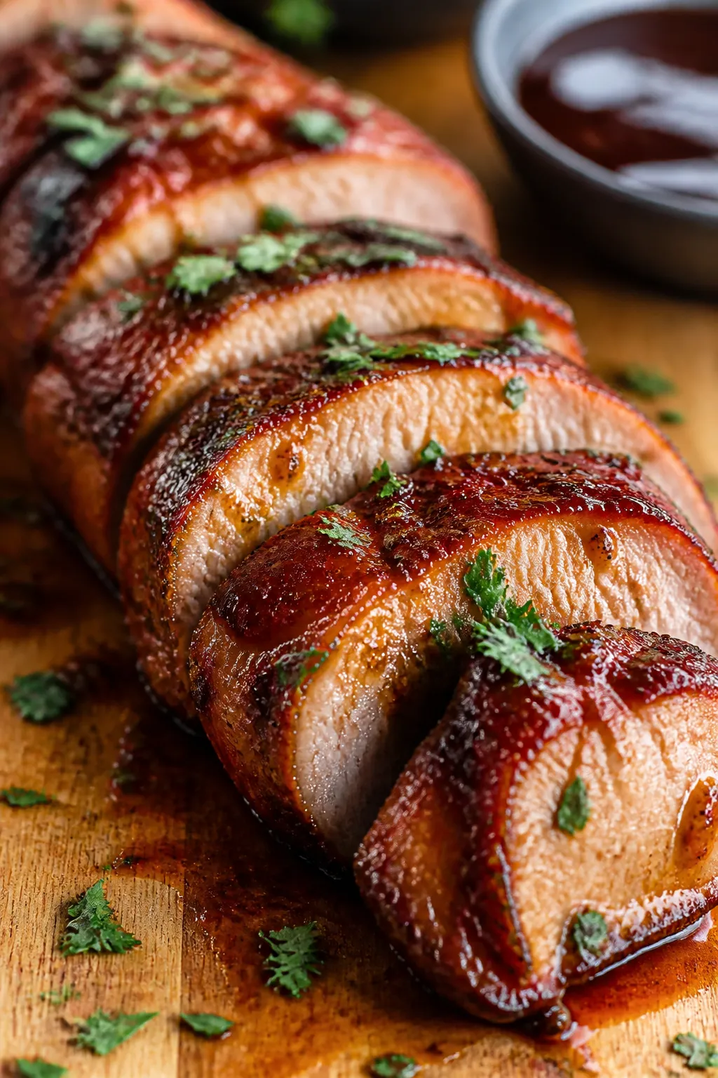 Close-up detail: Sliced honey BBQ pork tenderloin medallions just after resting, glossy caramelized 