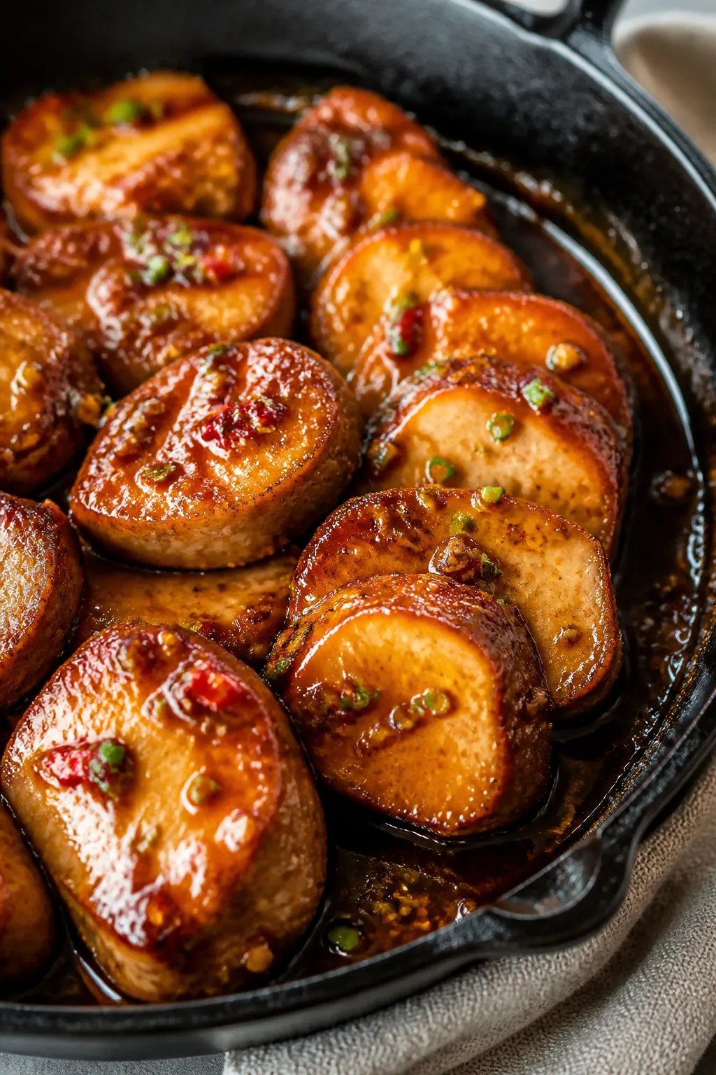 Close-up detail: Sliced honey garlic glazed pork tenderloin medallions nestled in the skillet, each
