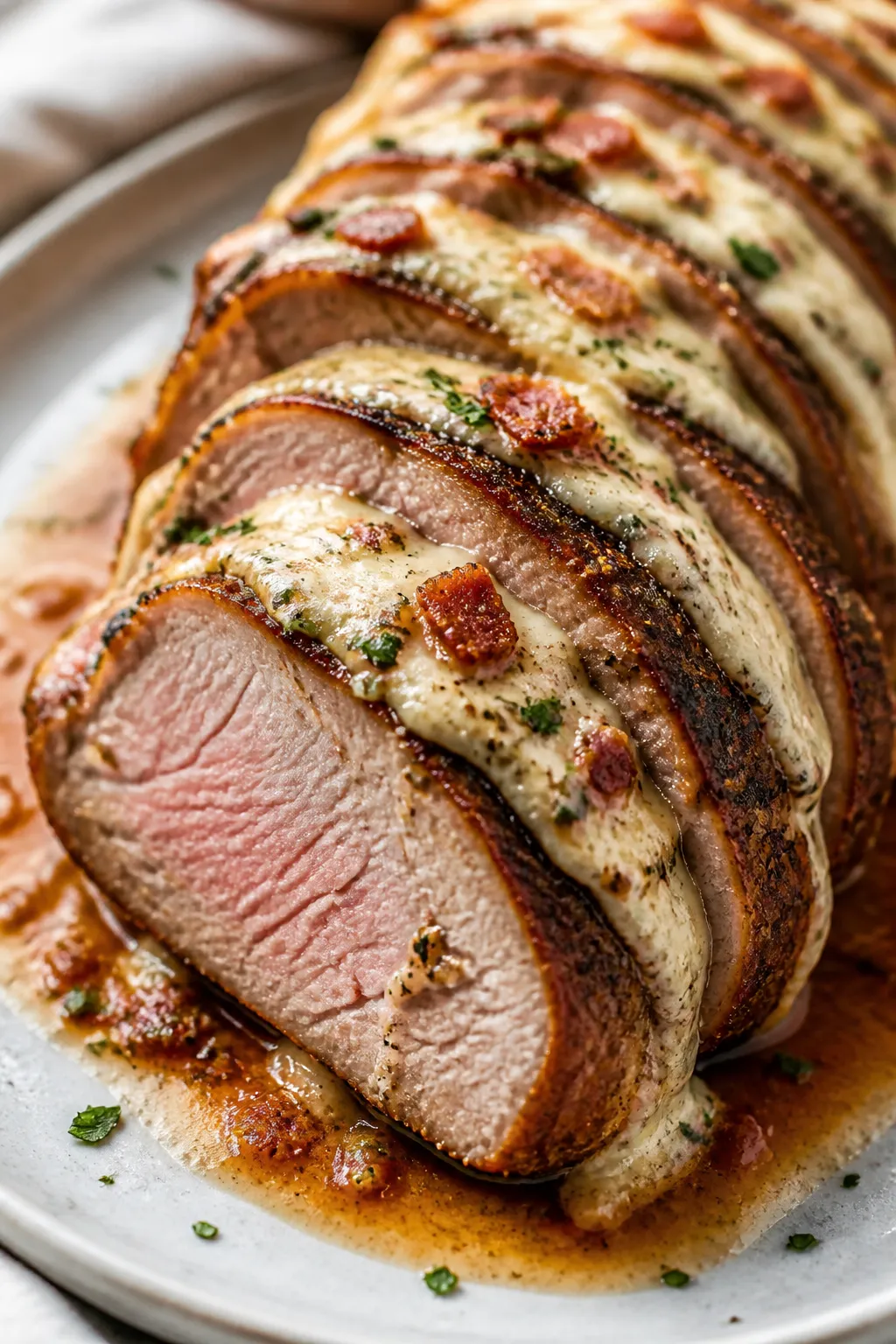Close-up detail: Sliced Million Dollar Pork Tenderloin just after resting, showing juicy blush-pink 