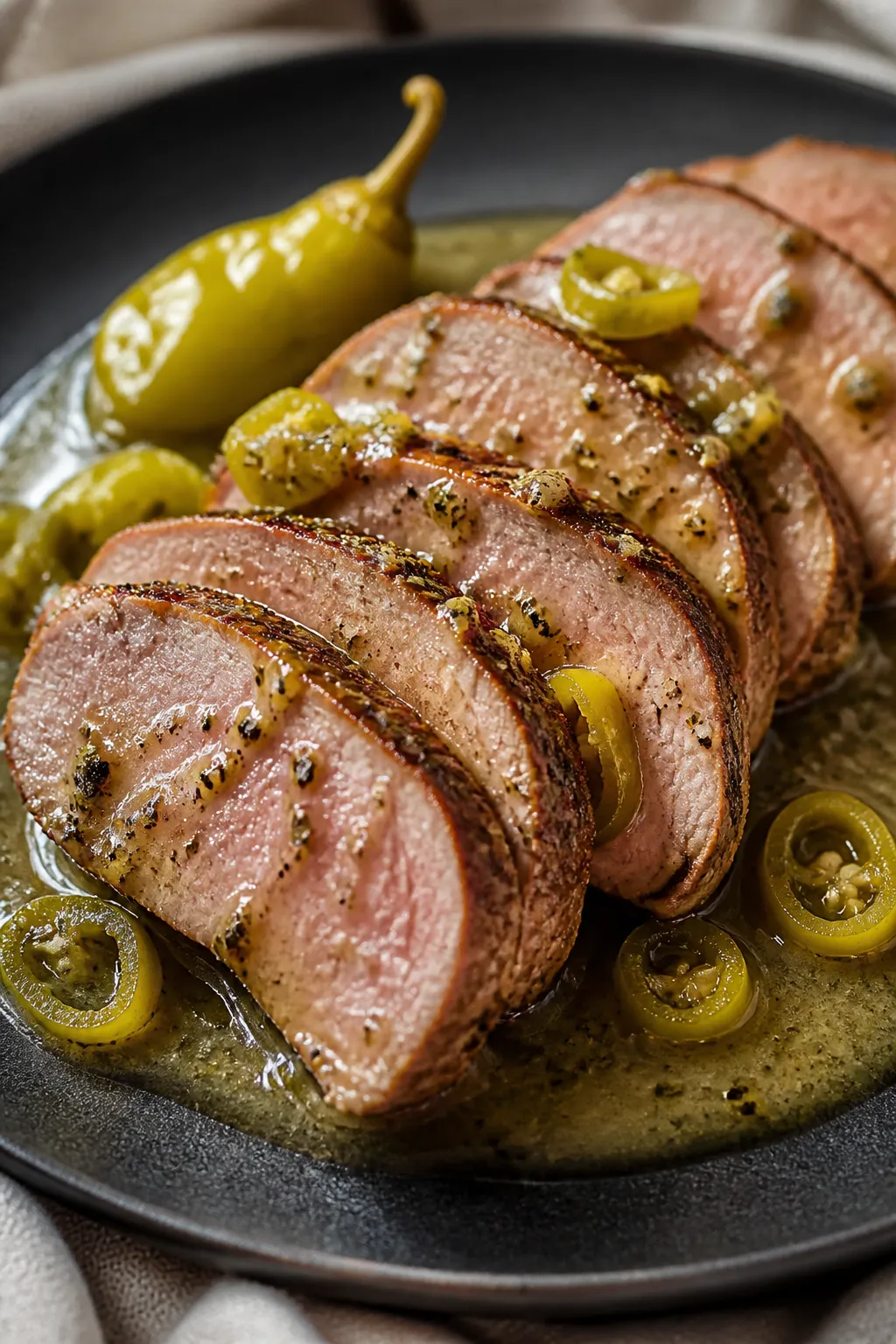 Close-up detail: Sliced Mississippi pork tenderloin medallions just after resting, glistening with b