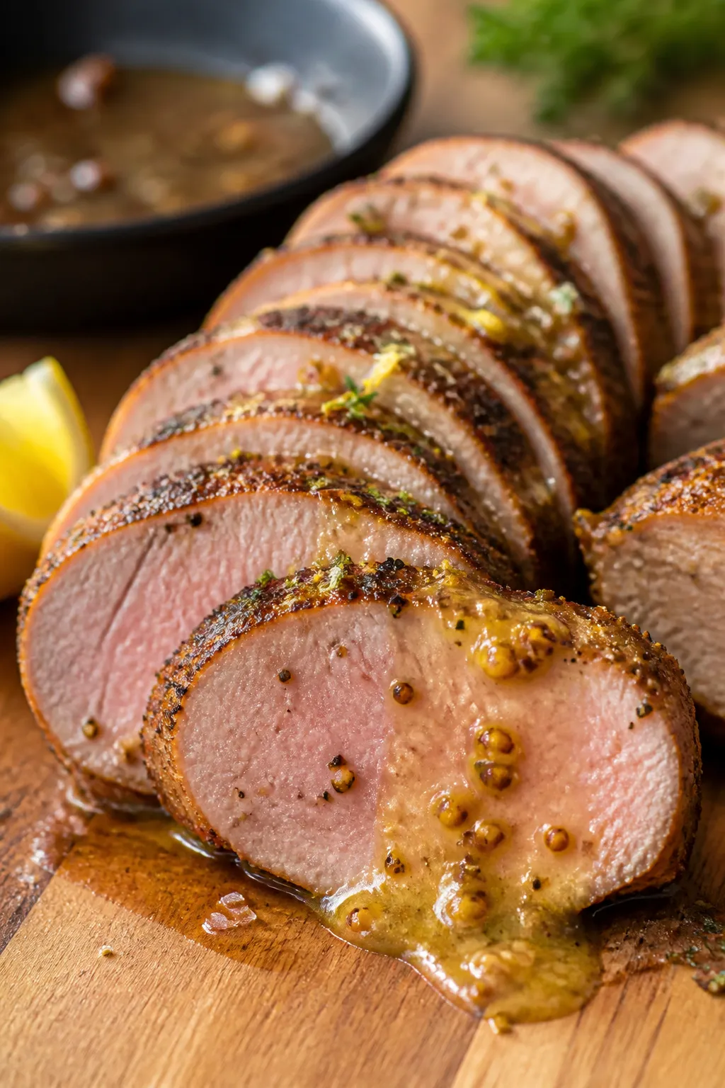 Close-up detail: Sliced oven-baked pork tenderloin medallions fanned on a warm cutting board, glossy