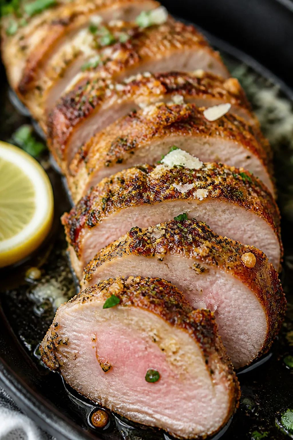 Close-up detail: Sliced Parmesan-garlic pork tenderloin showing a juicy blush-pink center (140–145