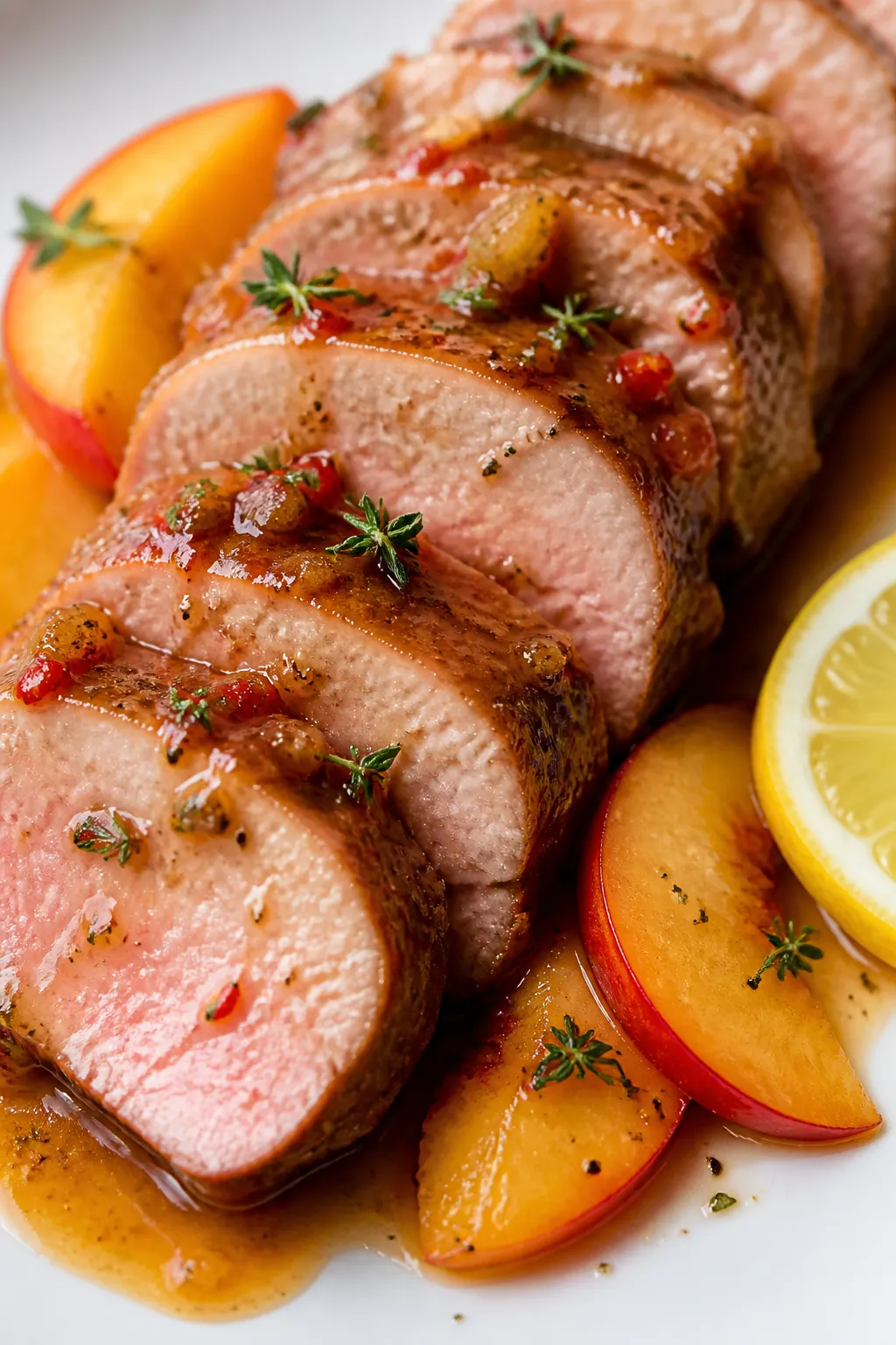 Close-up detail: Sliced peach-glazed pork tenderloin medallions just after resting, glossy carameliz