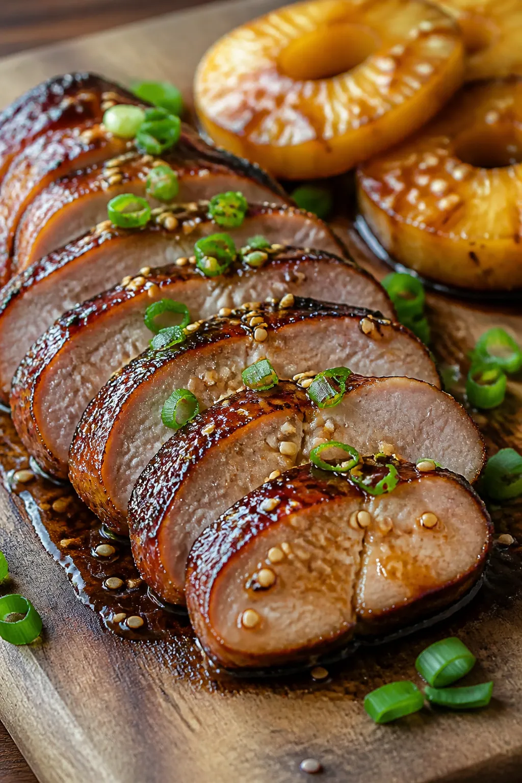 Close-up detail: Sliced pineapple-glazed pork tenderloin just after resting, 1/2-inch medallions fan