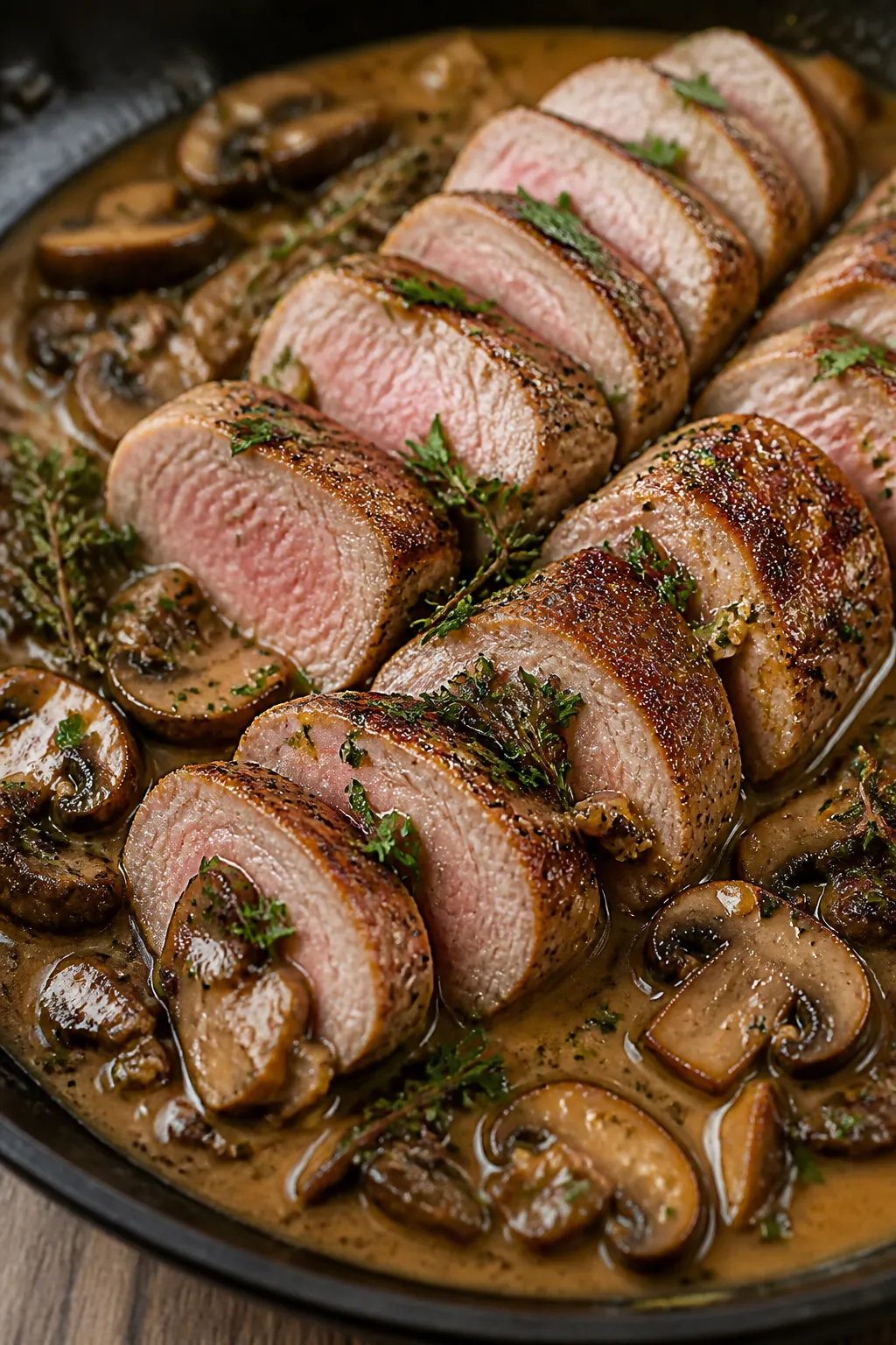 Close-up detail: Sliced pork tenderloin medallions nestled in glossy mushroom pan sauce, showing the