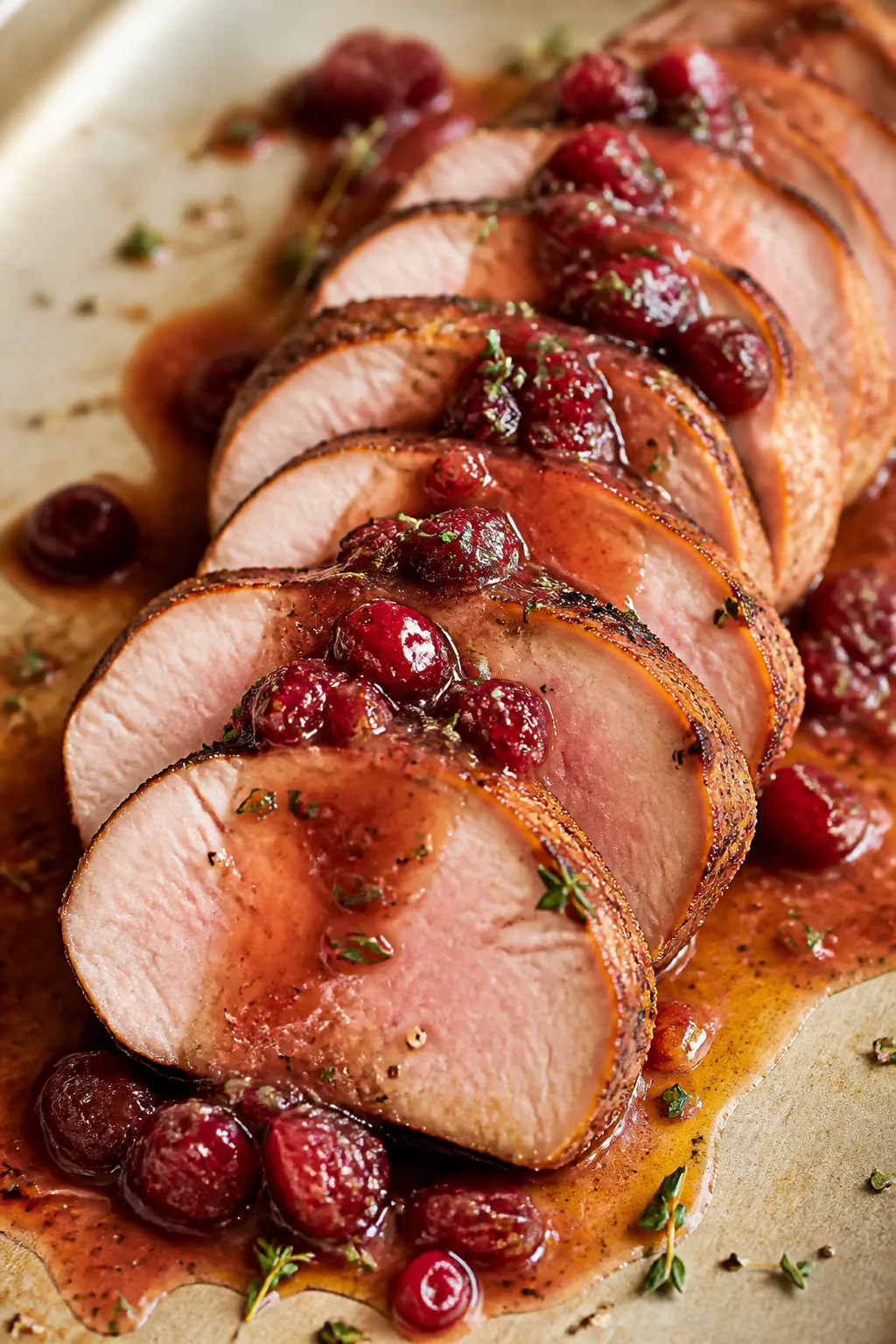 Close-up detail: Sliced pork tenderloin medallions just after resting, edges deeply seared and caram