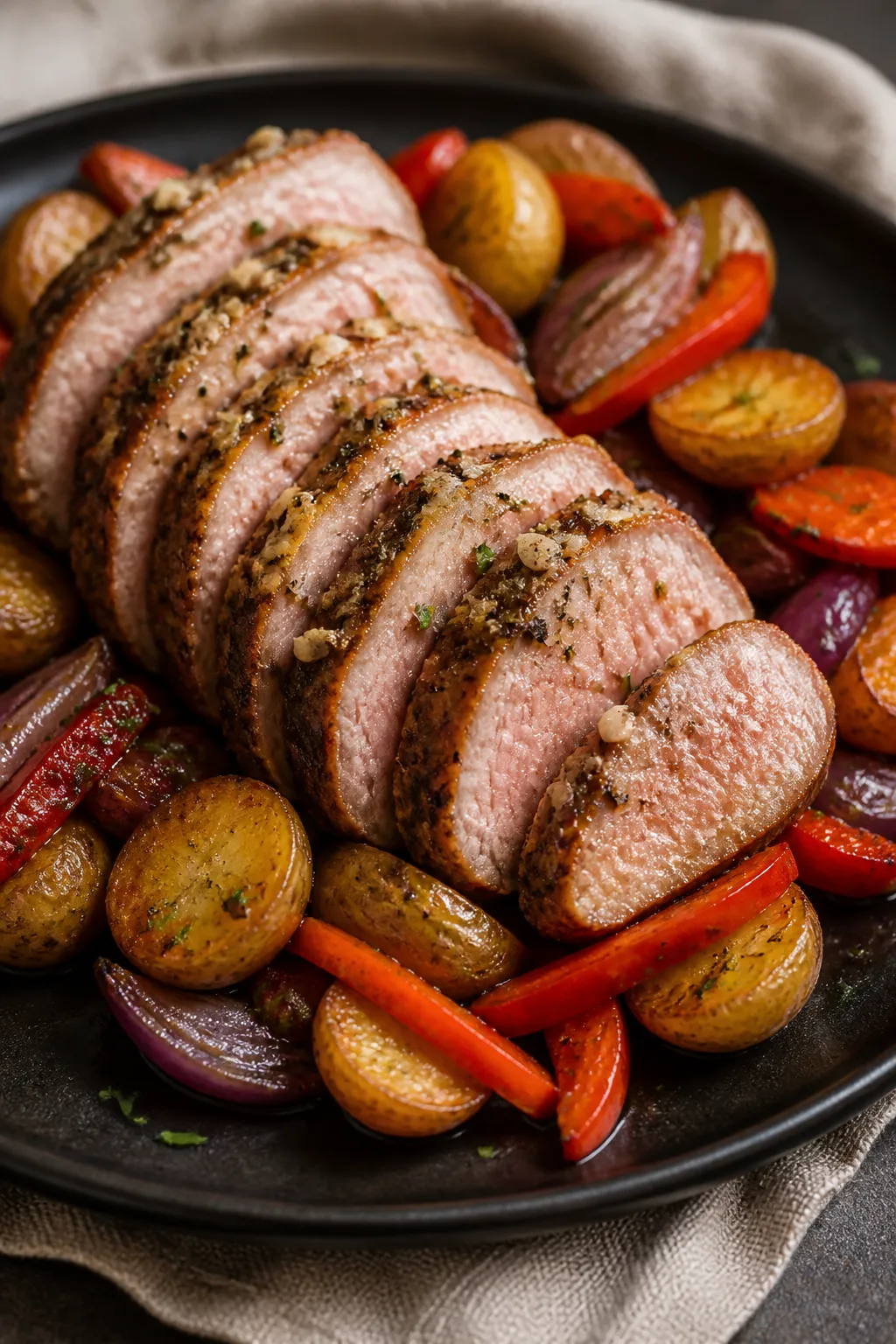 Close-up detail: Sliced pork tenderloin medallions fanned over roasted baby potatoes, carrot coins, 