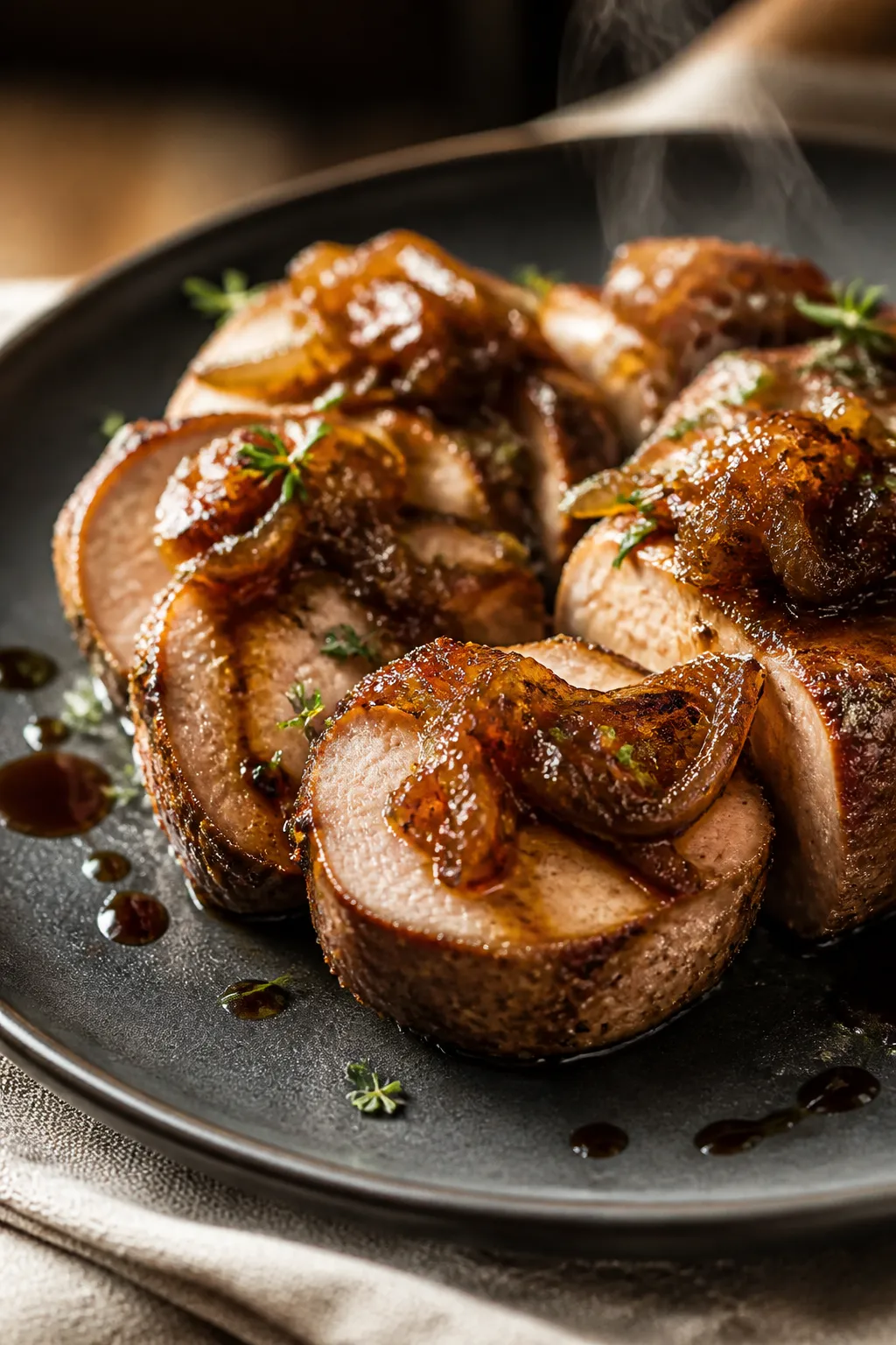Close-up detail: Sliced pork tenderloin medallions just after resting, glistening with pan juices, t
