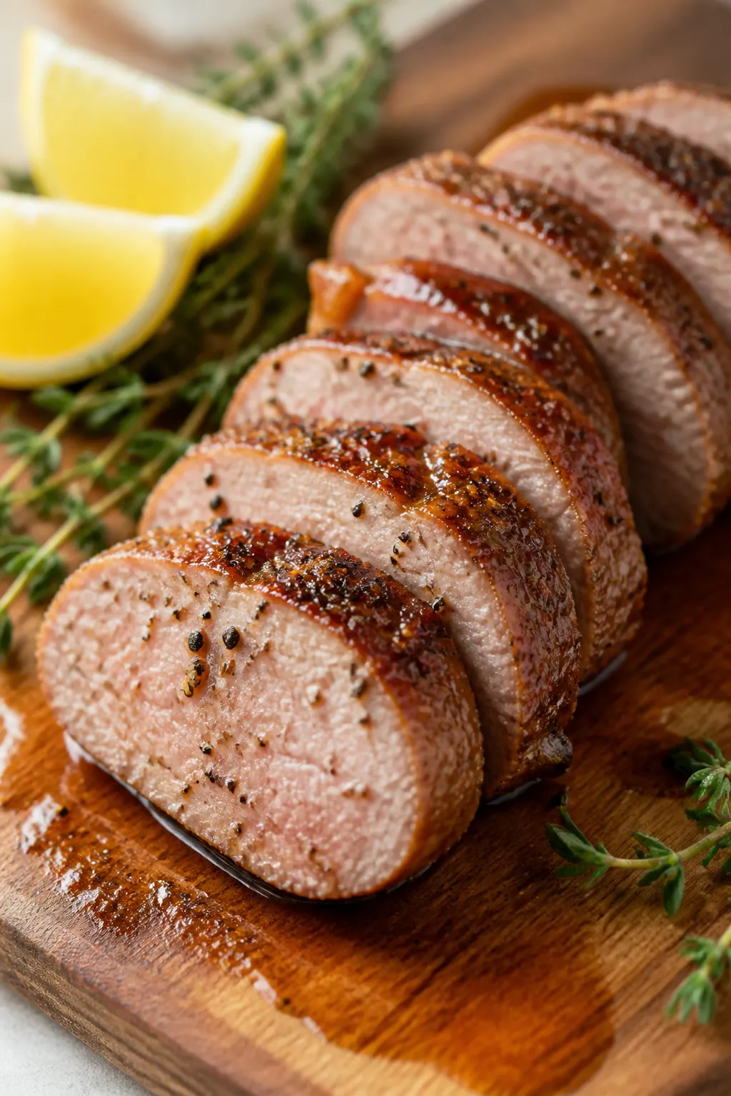 Close-up detail: Sliced pork tenderloin medallions, perfectly cooked to 145°F with a faint blush of