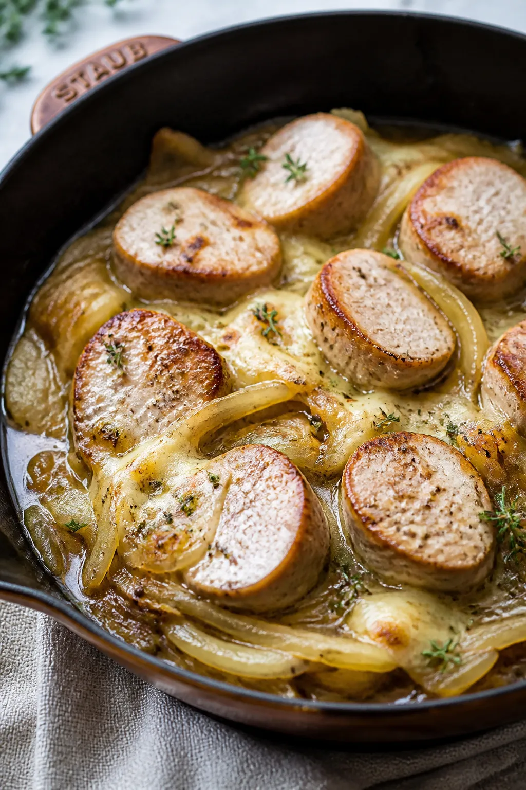 Close-up detail: Sliced pork tenderloin medallions nestled in glossy, caramelized onions, strands of