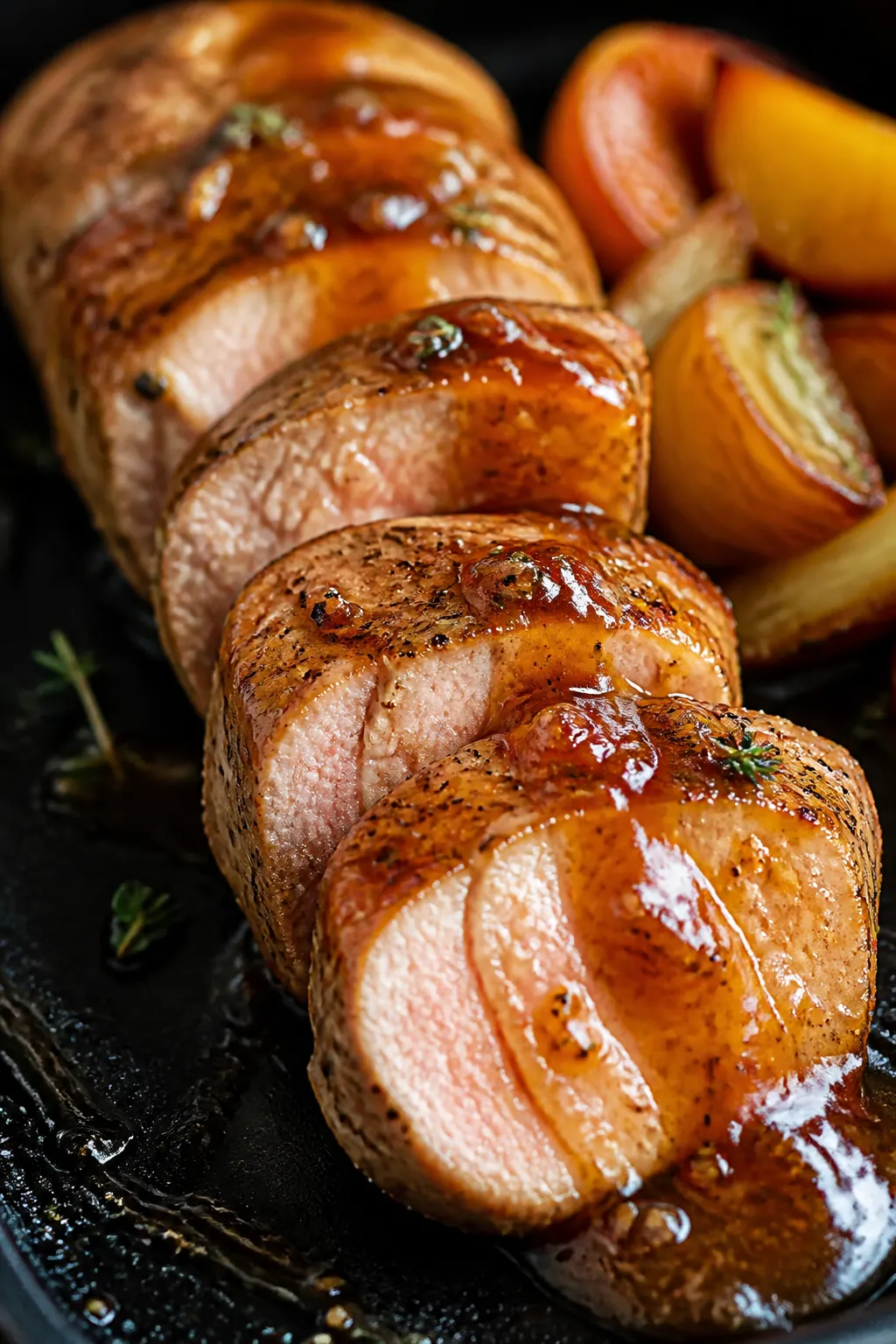Close-up detail: Sliced pork tenderloin with a glossy apple butter glaze cascading over 1/2-inch med