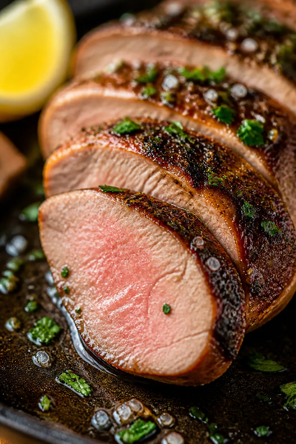 Close-up detail: Sliced ranch pork tenderloin medallions just after resting, showing a rosy 145°F c