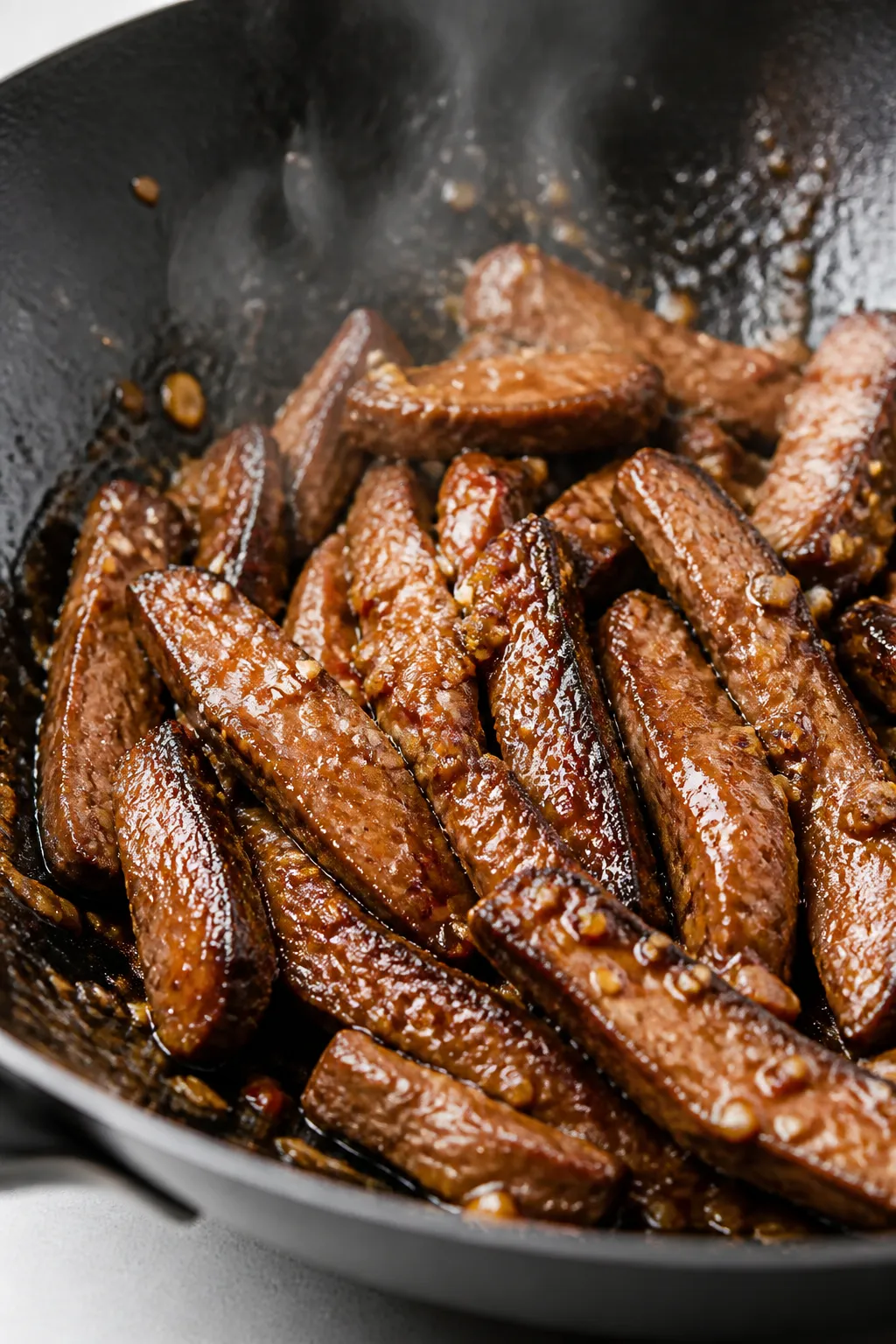 Close-up detail: Sliced seared steak tossed in glossy honey-garlic sauce in a wok, charred edges wit