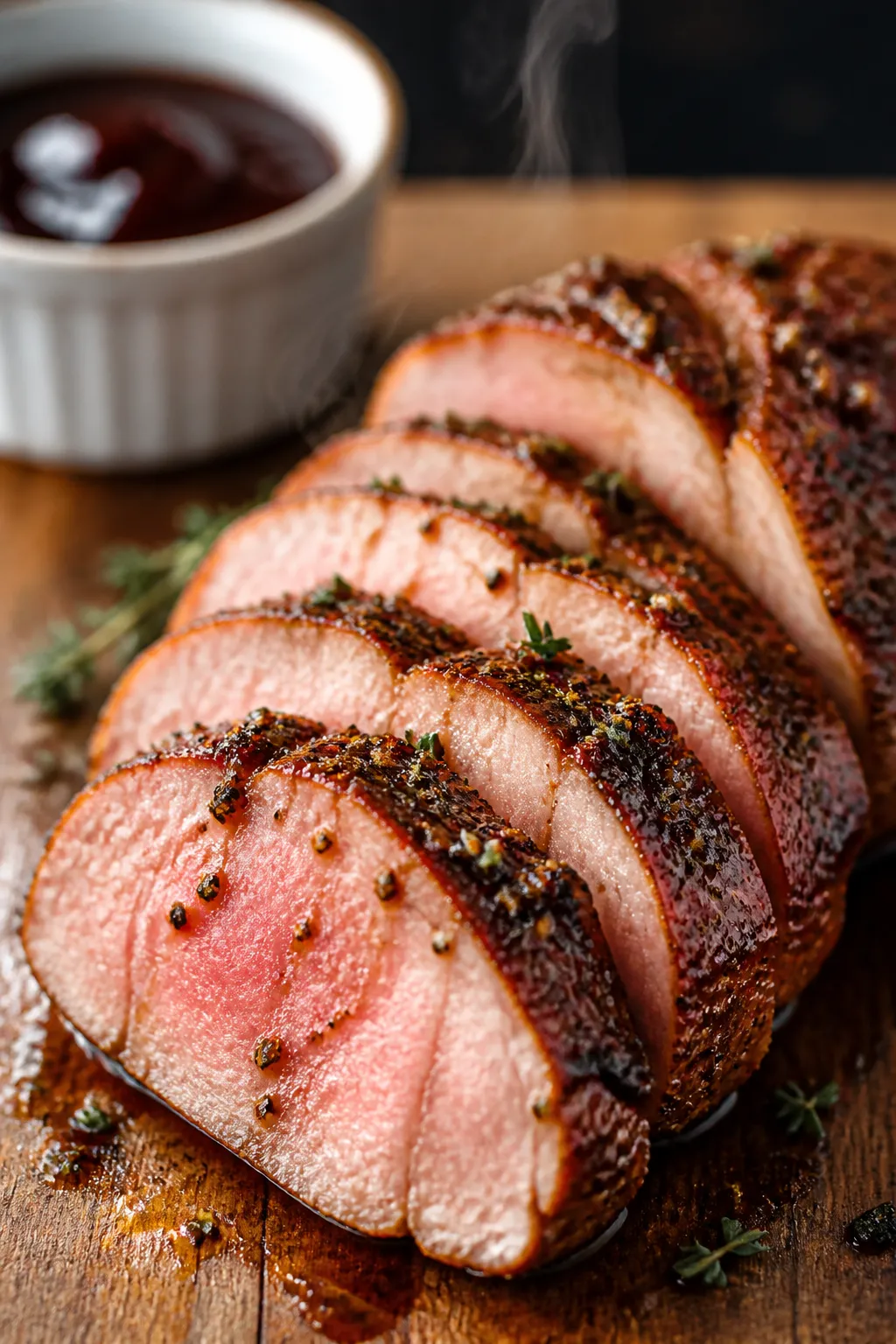 Close-up detail: Sliced smoked pork tenderloin medallions with a rosy blush center and caramelized p
