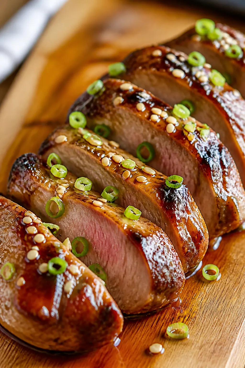 Close-up detail: Sliced teriyaki pork tenderloin just after resting, 1/2-inch medallions fanned on a