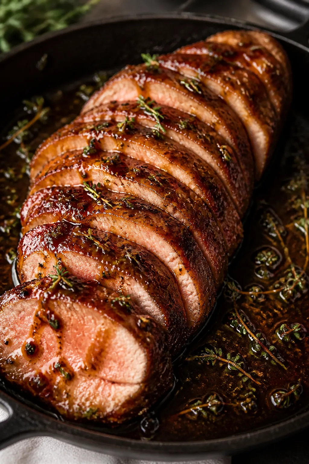 Close-up detail: Slices of maple-balsamic pork tenderloin fanned on a warm cast-iron skillet, showin