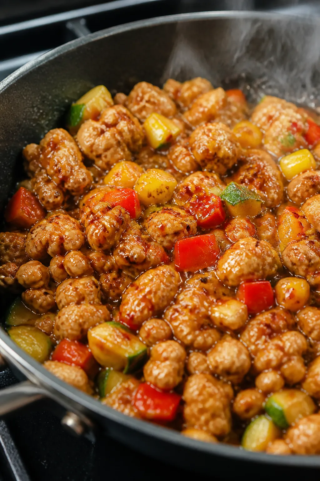 Close-up detail: Sticky honey-garlic ground chicken mid-cook in a dark sauté pan, glossy sauce acti