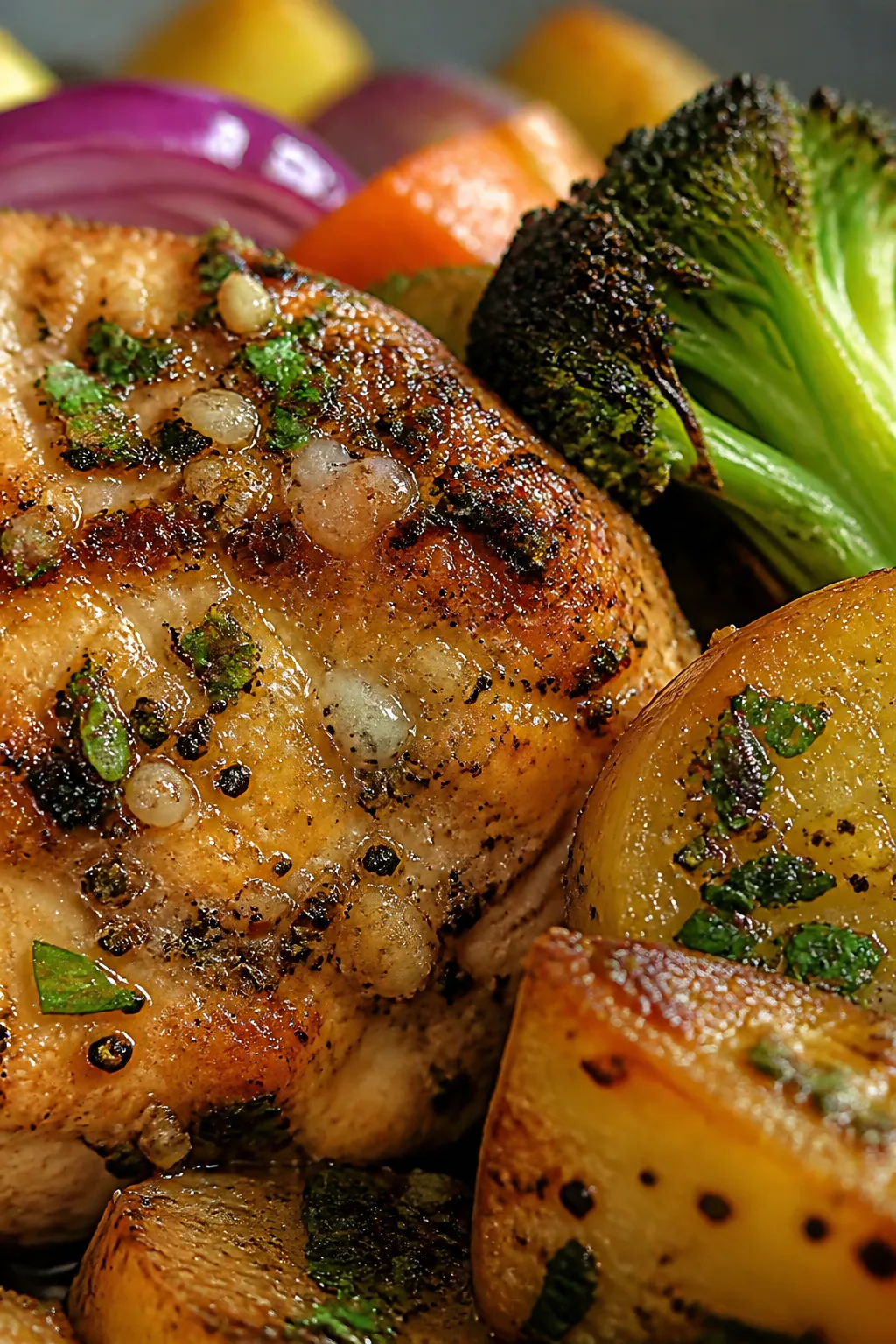 Close-up detail, : Ultra-close shot of a juicy ranch-seasoned chicken piece with a browned, slightly