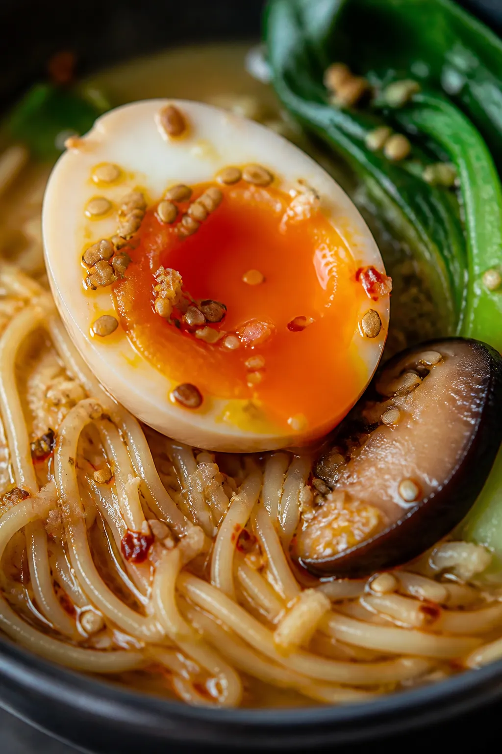 Close-up final detail: Ultra-close macro of a jammy egg perched atop noodles with glossy broth cling