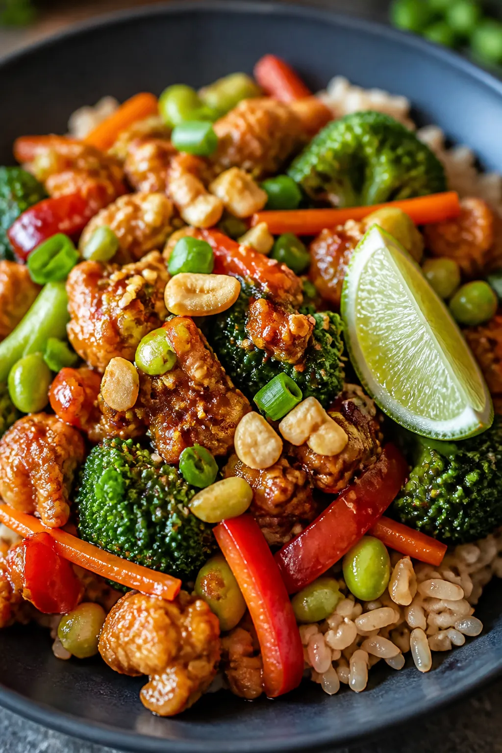 Close-up final dish, : Tight macro of a single Ground Chicken Stir Fry Bowl over brown rice, showcas