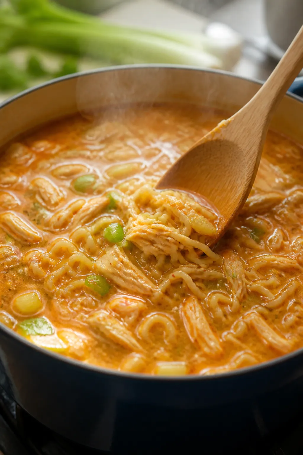 Cooking process: A steaming pot of Buffalo Chicken Ramen mid-simmer, close-up of silky ramen noodles