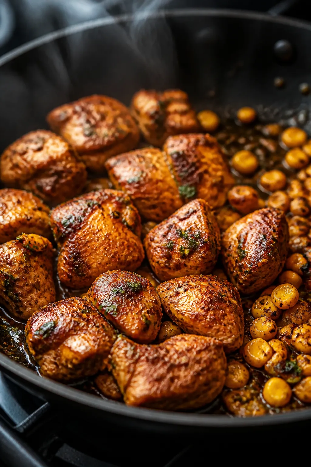 Cooking process, action close-up: Sautéed spiced chicken bites browning in a large skillet, edges c