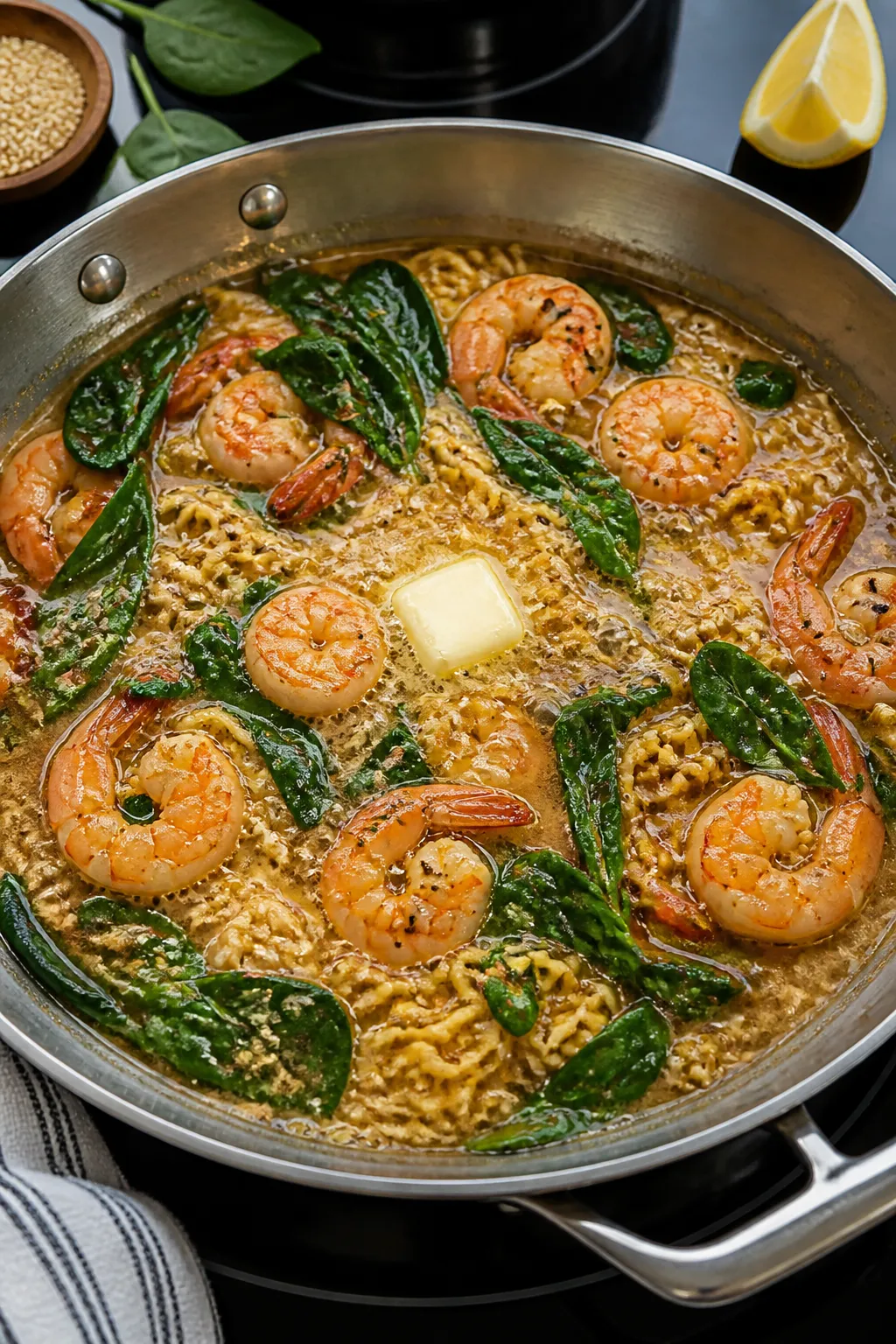 Cooking process action shot: Ramen noodles finishing in a wide skillet of simmering soy-lemon garlic