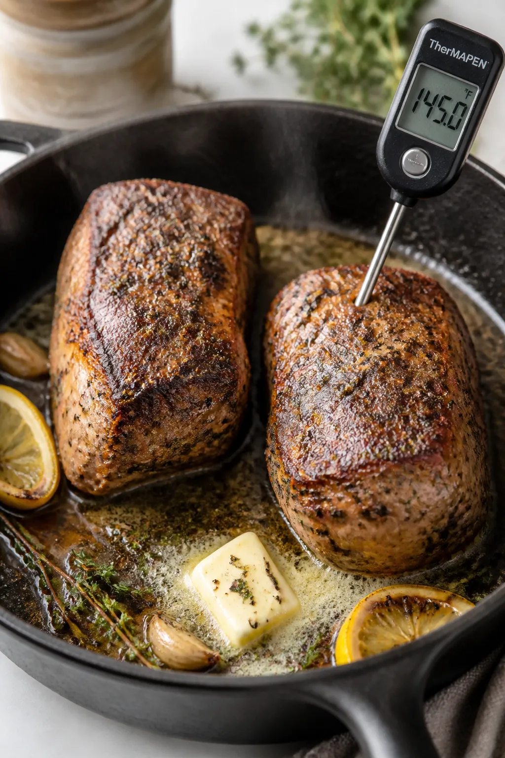 Cooking process action shot: seared pork tenderloins in an oven-safe skillet just after roasting, th