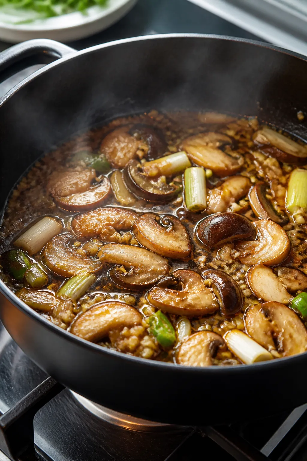 Cooking process: Aromatics and mushrooms sizzling in a wide, black pot over medium heat, showing glo
