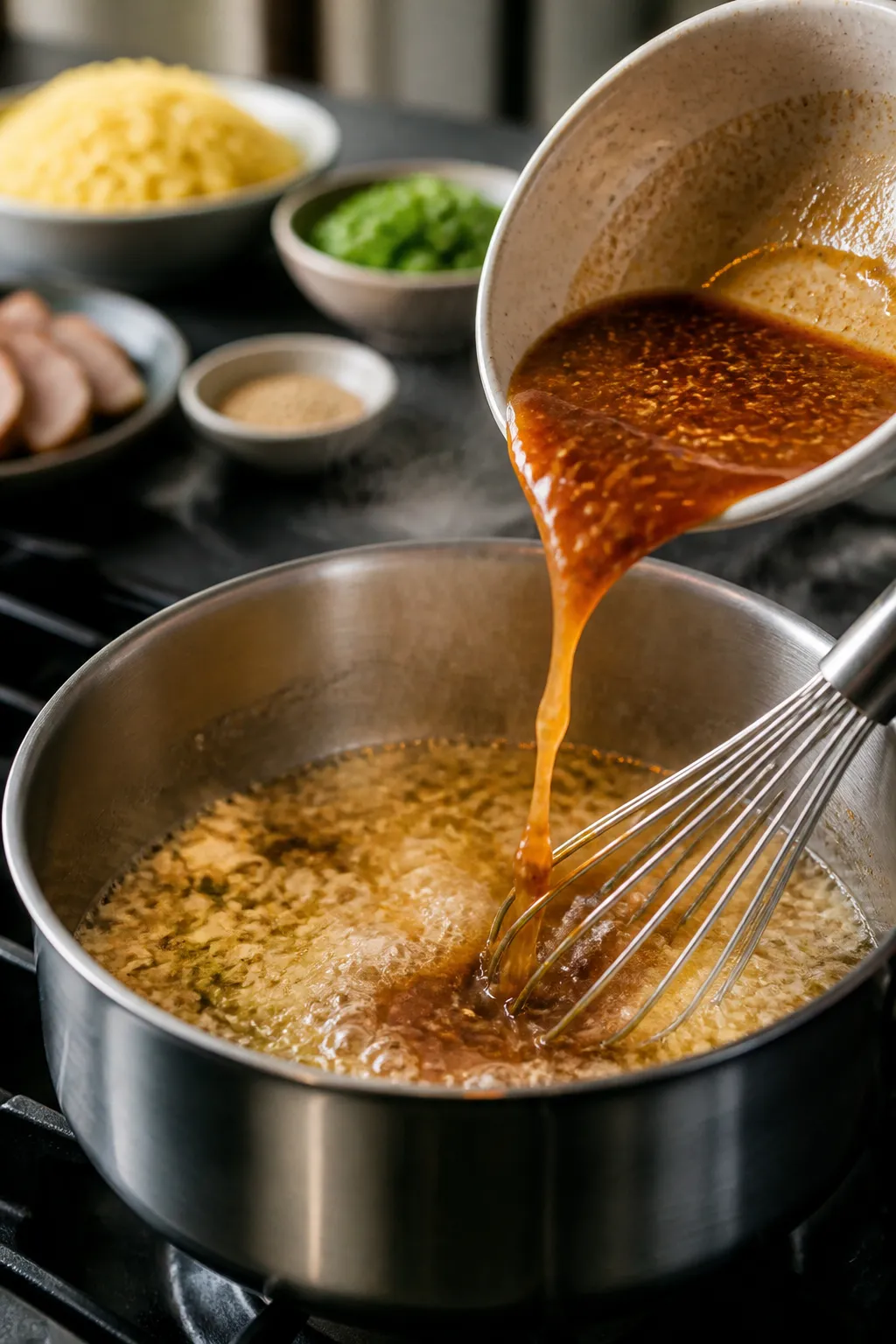 Cooking process — aromatics bloom: Close-up of minced garlic, grated ginger, and sliced white scal