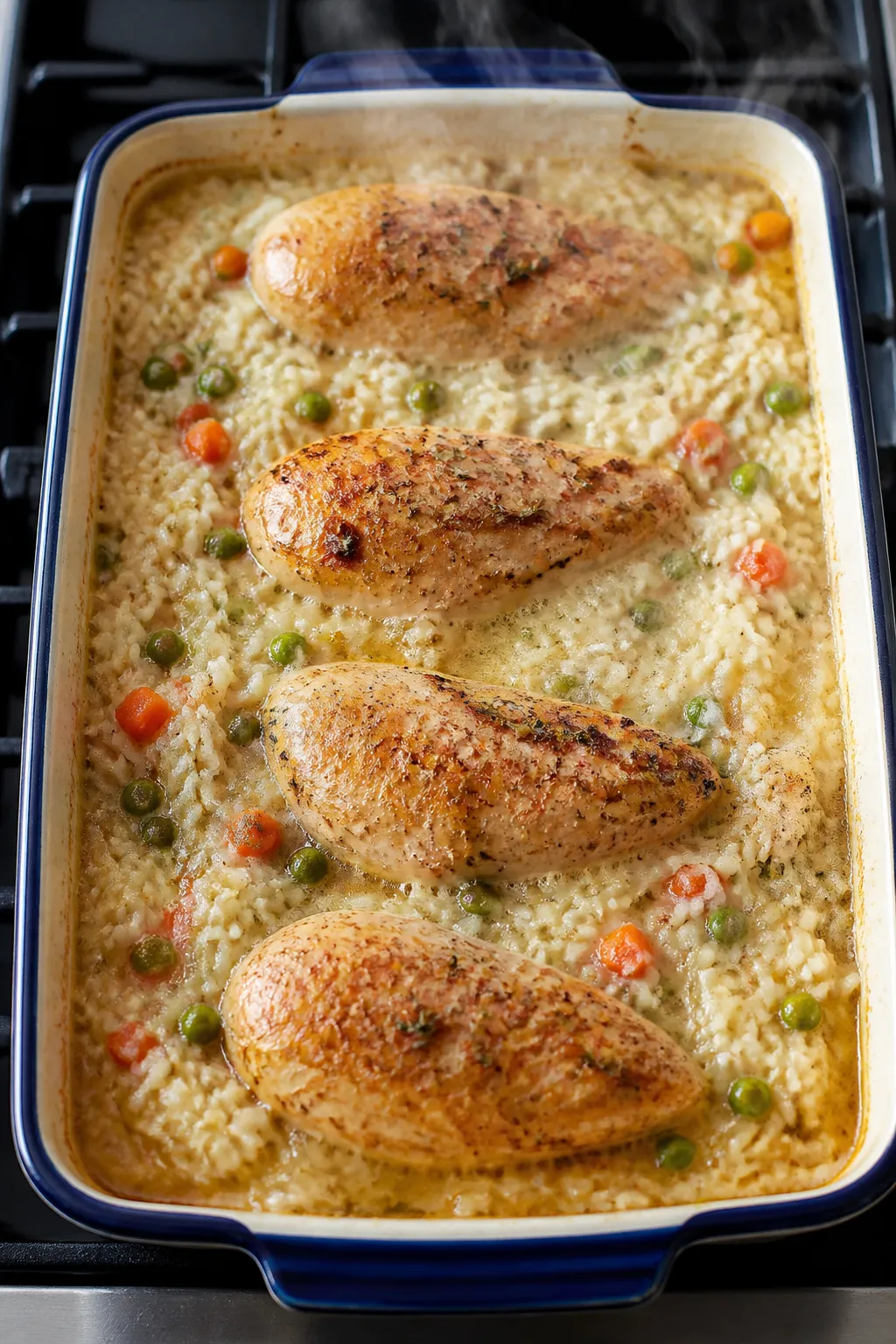 Cooking process — casserole mid-bake: Overhead shot of a 9x13 baking dish just after the foil is r