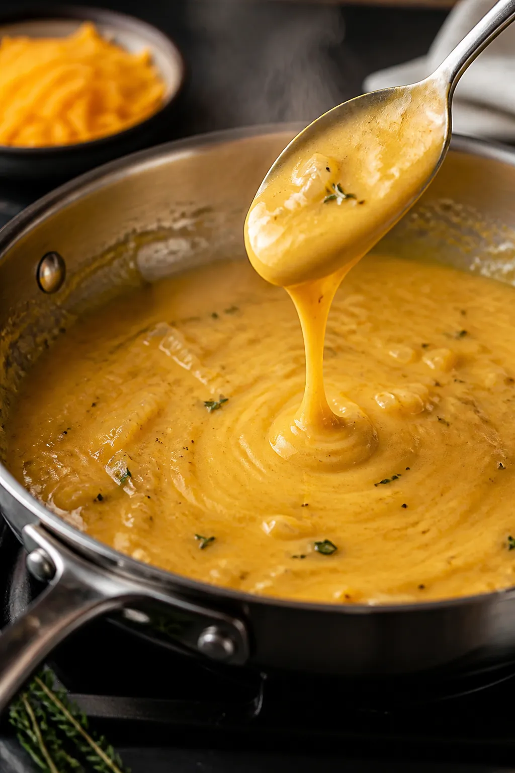 Cooking process: Cheese sauce being whisked to silky smoothness in a stainless skillet—thick, glos