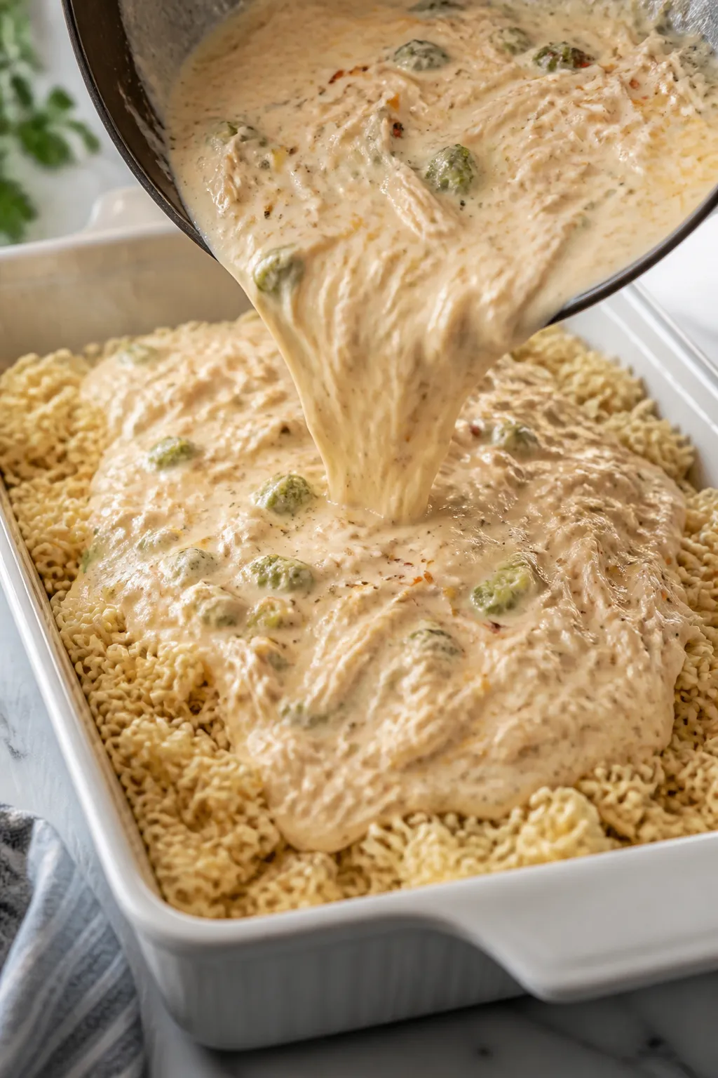 Cooking process close-up: A 9x13-inch baking dish filled with broken, uncooked ramen pieces being bl