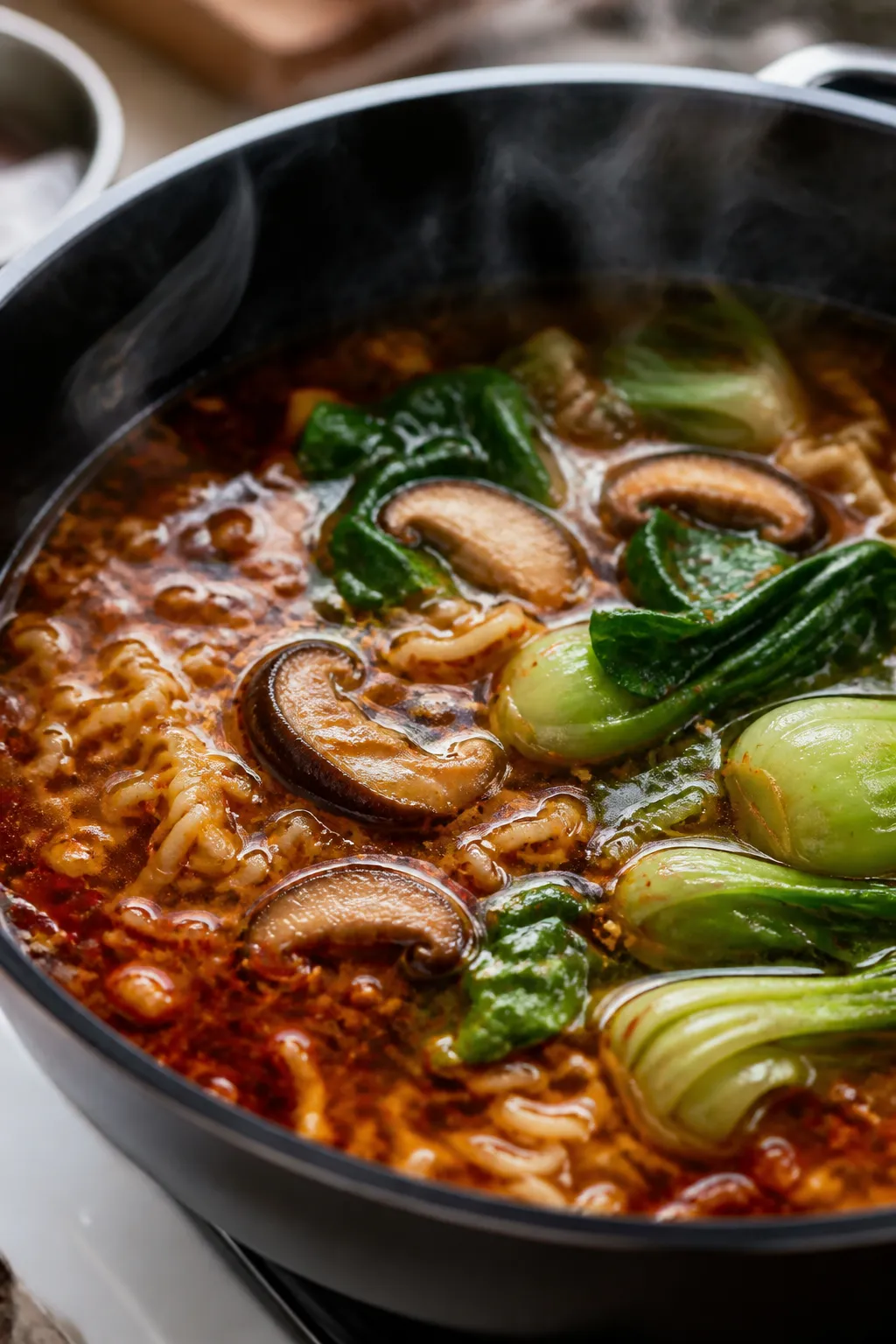 Cooking process close-up: A large pot of simmering spicy chili-garlic ramen broth mid-cook, showing 