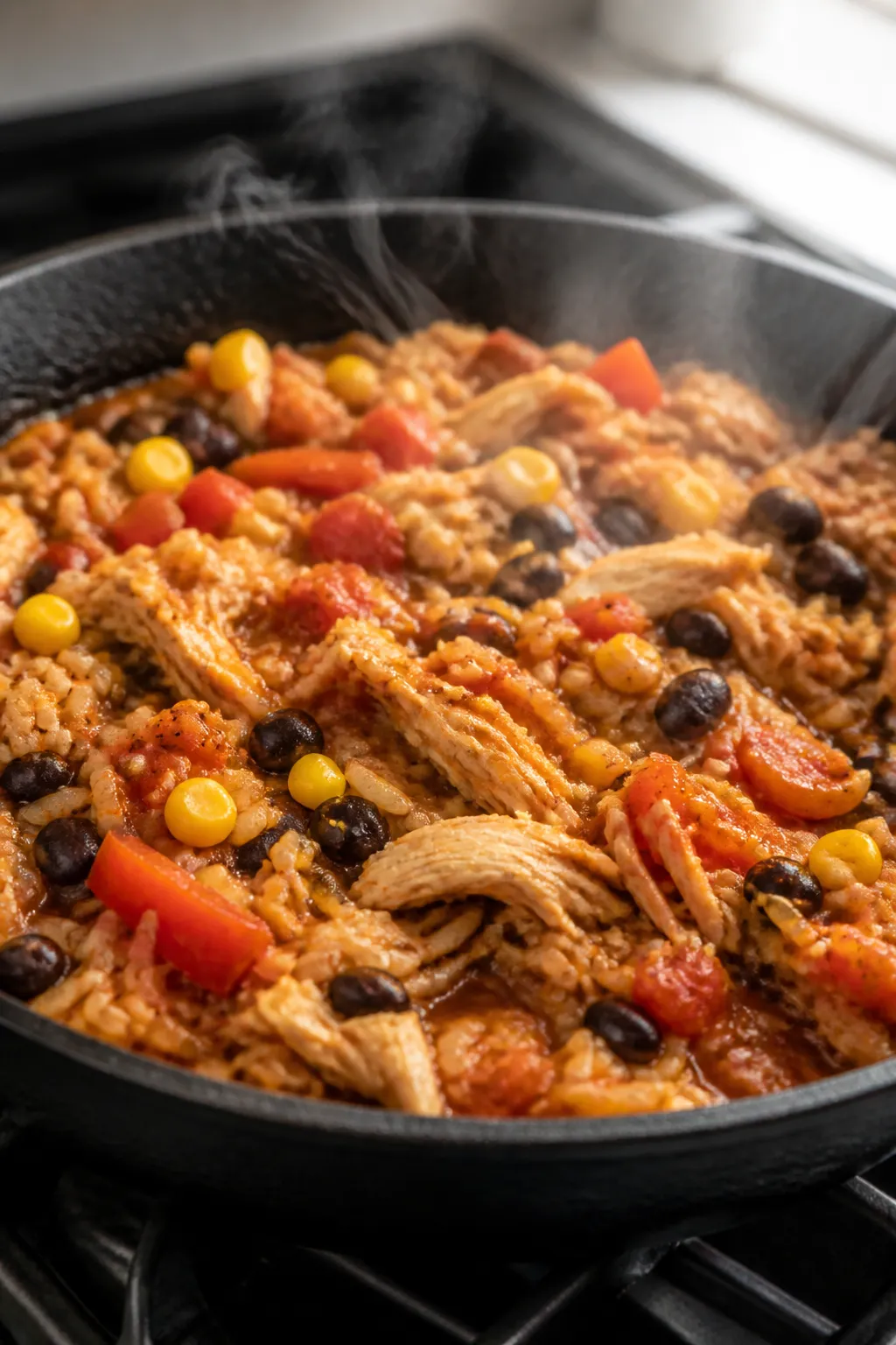 Cooking process, close-up: A steamy, shallow-depth-of-field shot of the Lazy Chicken Burrito Skillet