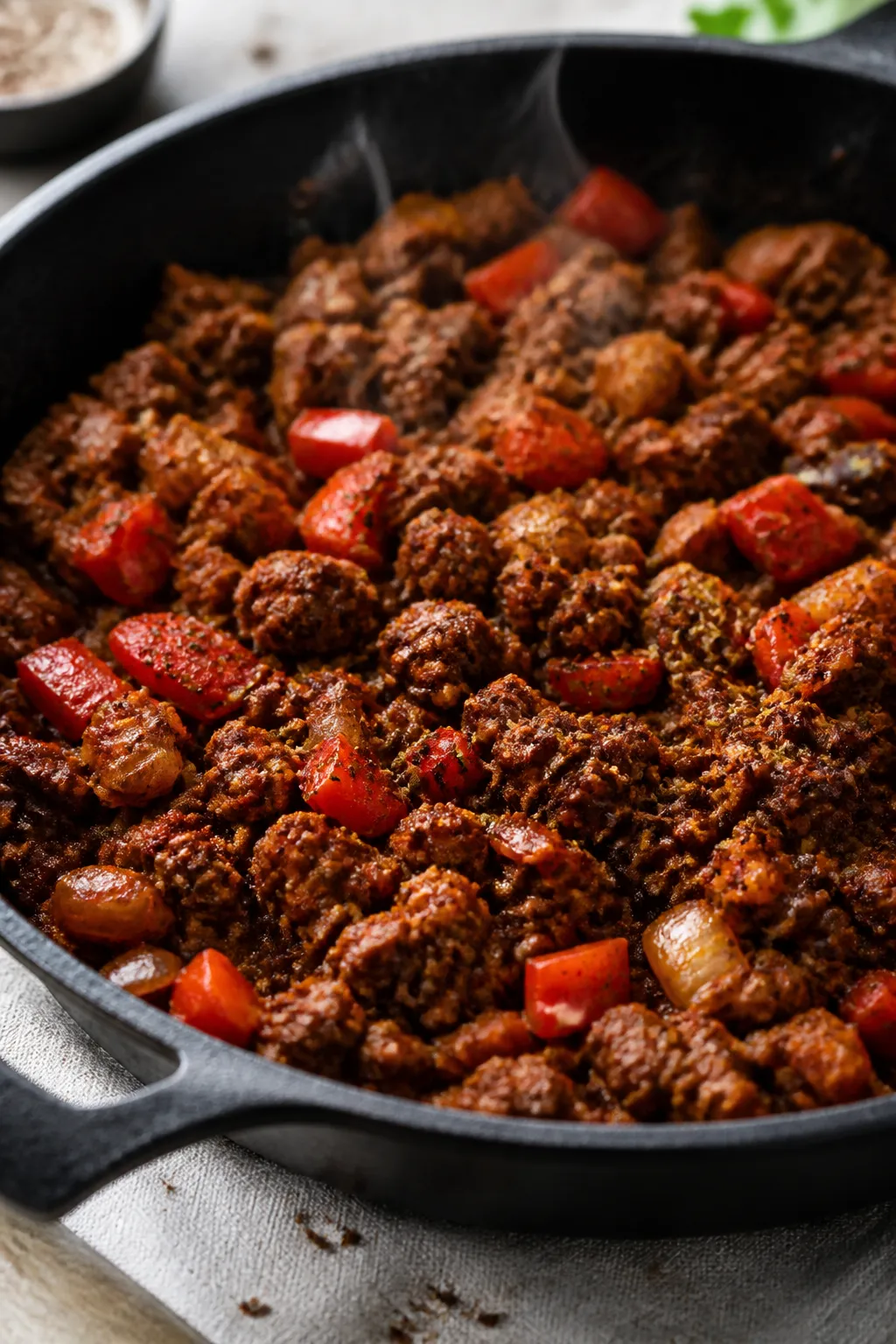 Cooking process, close-up detail: Close-up of a cast-iron skillet with browned lean ground beef, sau