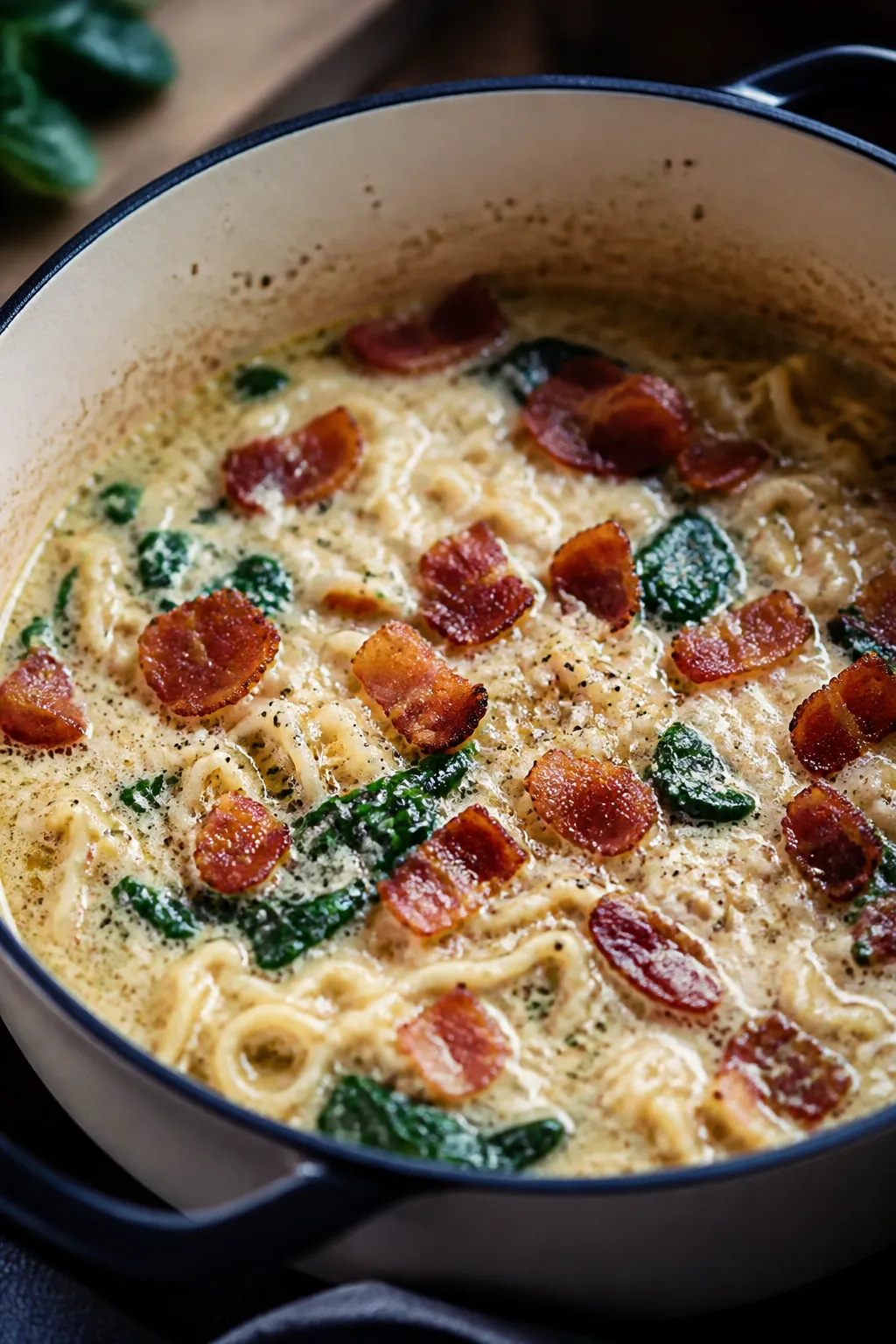 Cooking process, close-up detail: Crispy bacon shards scattered over a silky, ranch-scented chicken 