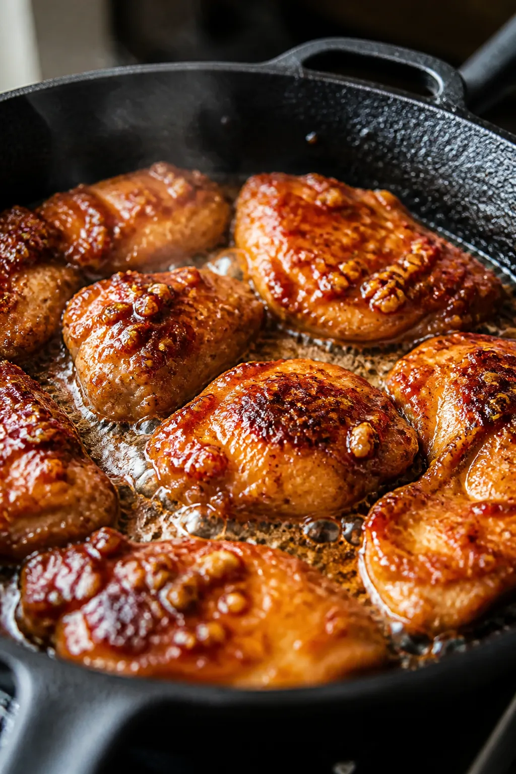 Cooking process, close-up detail: Glazed honey garlic chicken thigh pieces sizzling in a dark cast-i