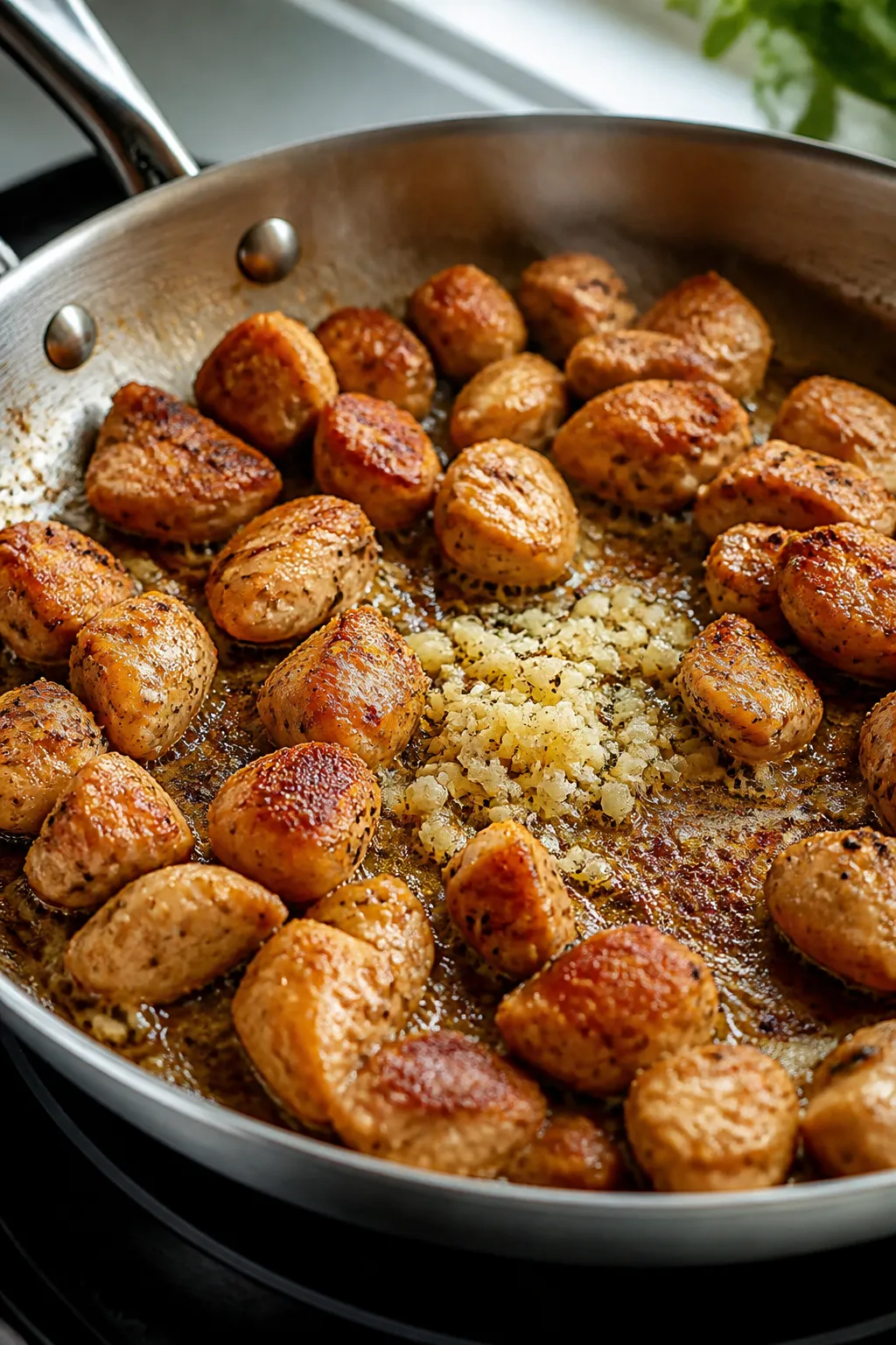 Cooking process, close-up detail: Golden-browned bite-size chicken pieces sizzling in a large skille