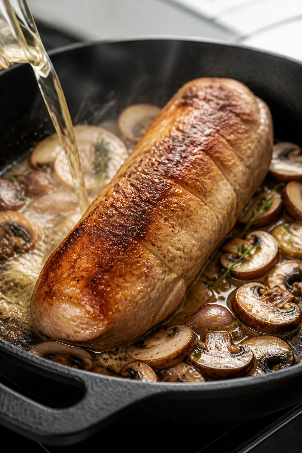 Cooking process, close-up detail: Golden-browned pork tenderloin being seared in a large skillet, de