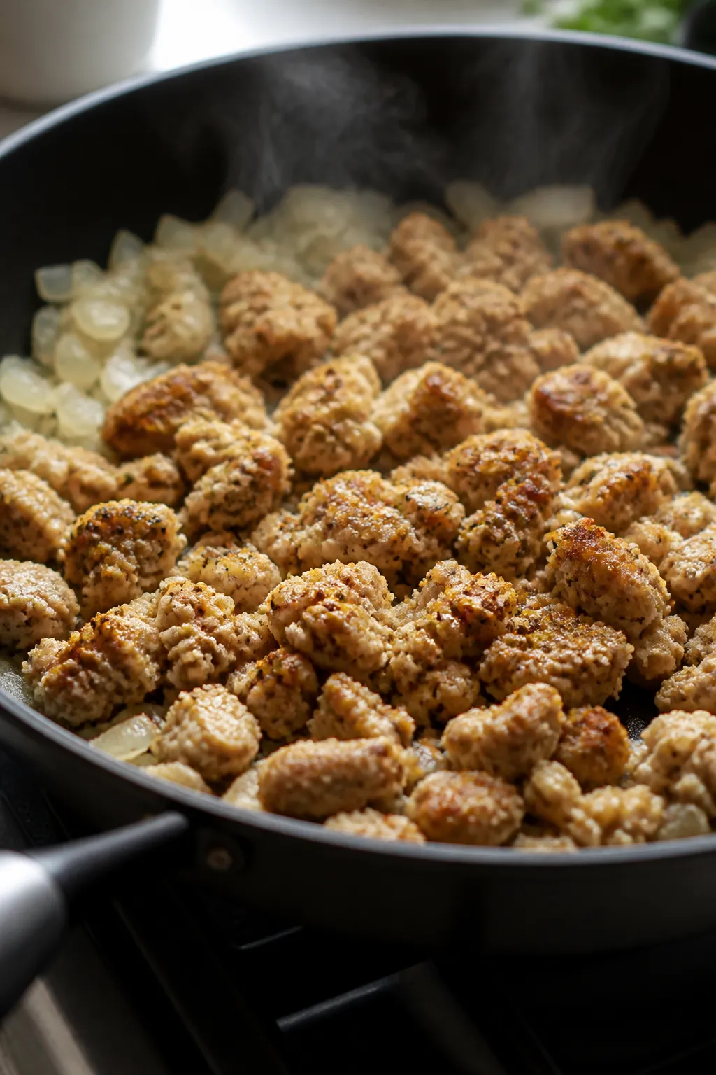 Cooking process, close-up detail: Ground chicken browning in an oven-safe skillet with softened dice