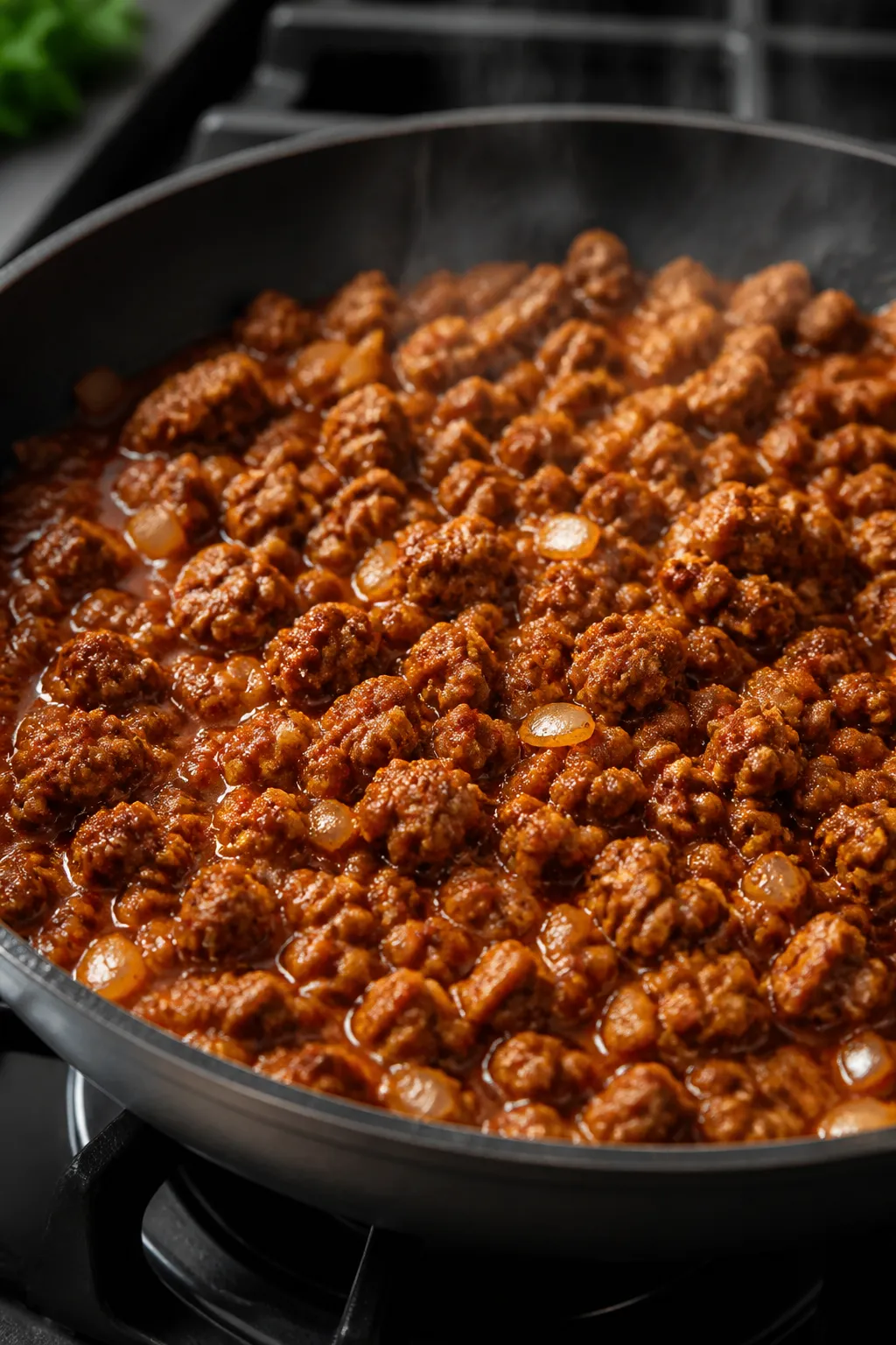 Cooking process, close-up detail: Ground chicken sizzling in a skillet after browning, saucy and glo
