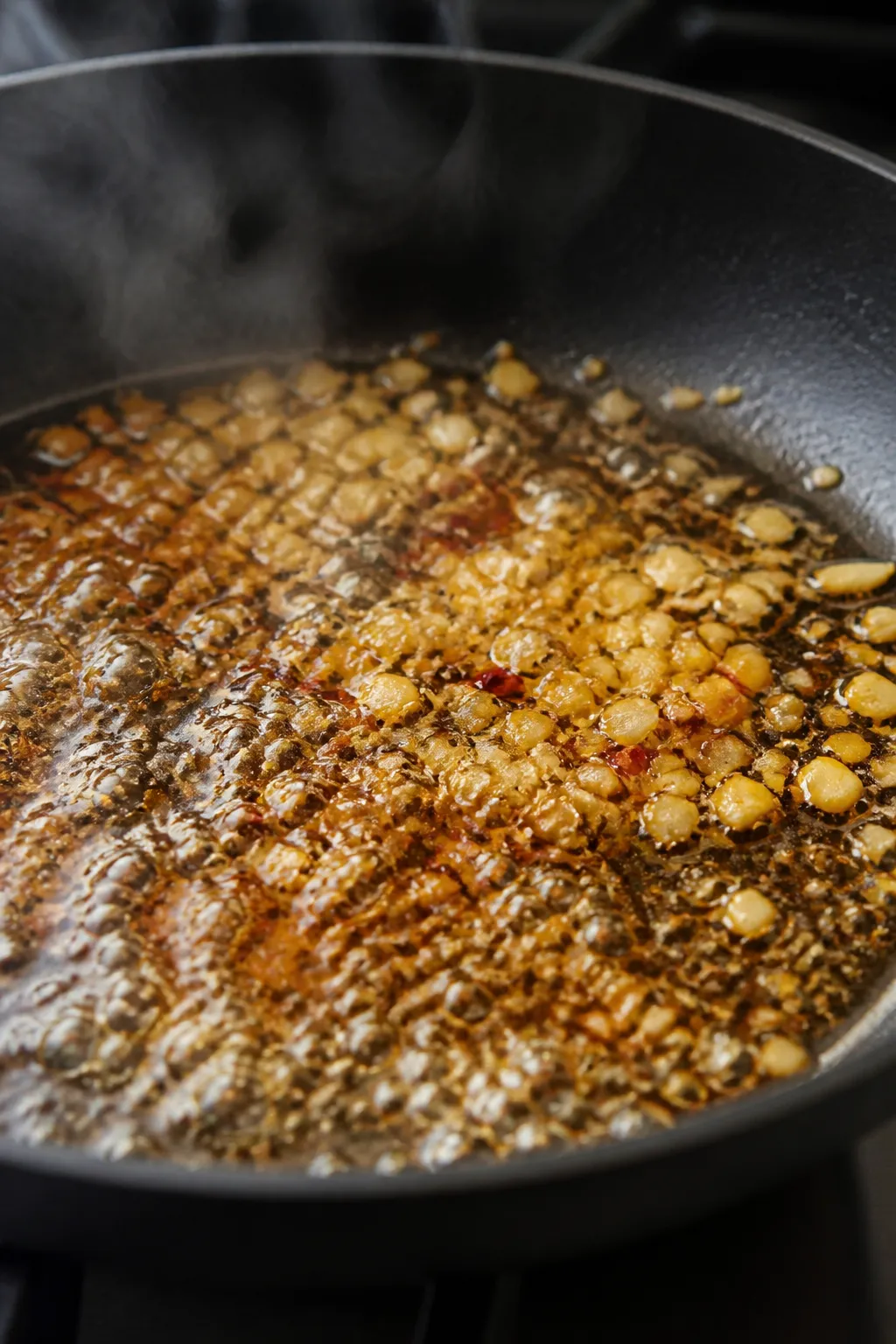 Cooking process, close-up detail: Minced garlic gently toasting in melted butter with tiny golden ed