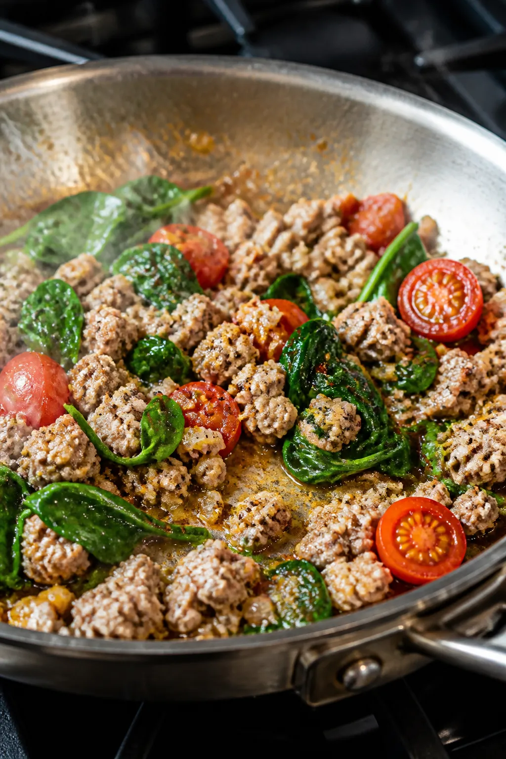 Cooking process, close-up detail: Sautéed ground chicken crumbles in a wide stainless-steel skillet